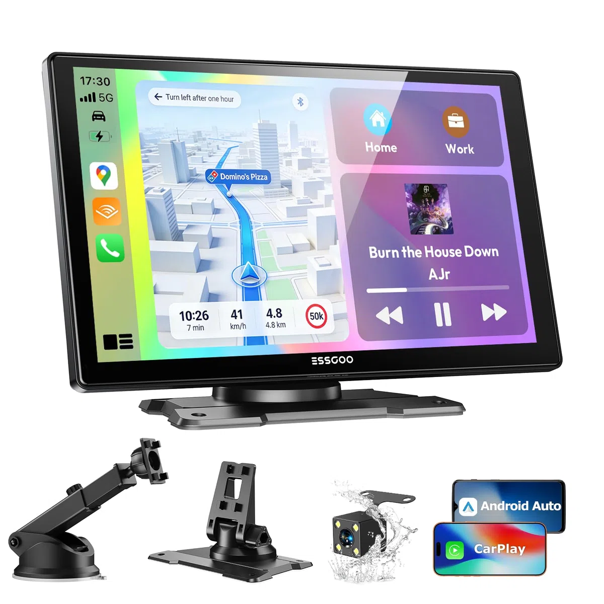 ESSGOO Carplay Android Auto Display mit Rückfahrkamera,9 Zoll Carplay Bildschirm für Apple/Android Auto/AirPlay/Mirror Link,Wireless Touchscreen GPS Navigation,mit Bluetooth5.3,AUX,FM,Sprachassistent