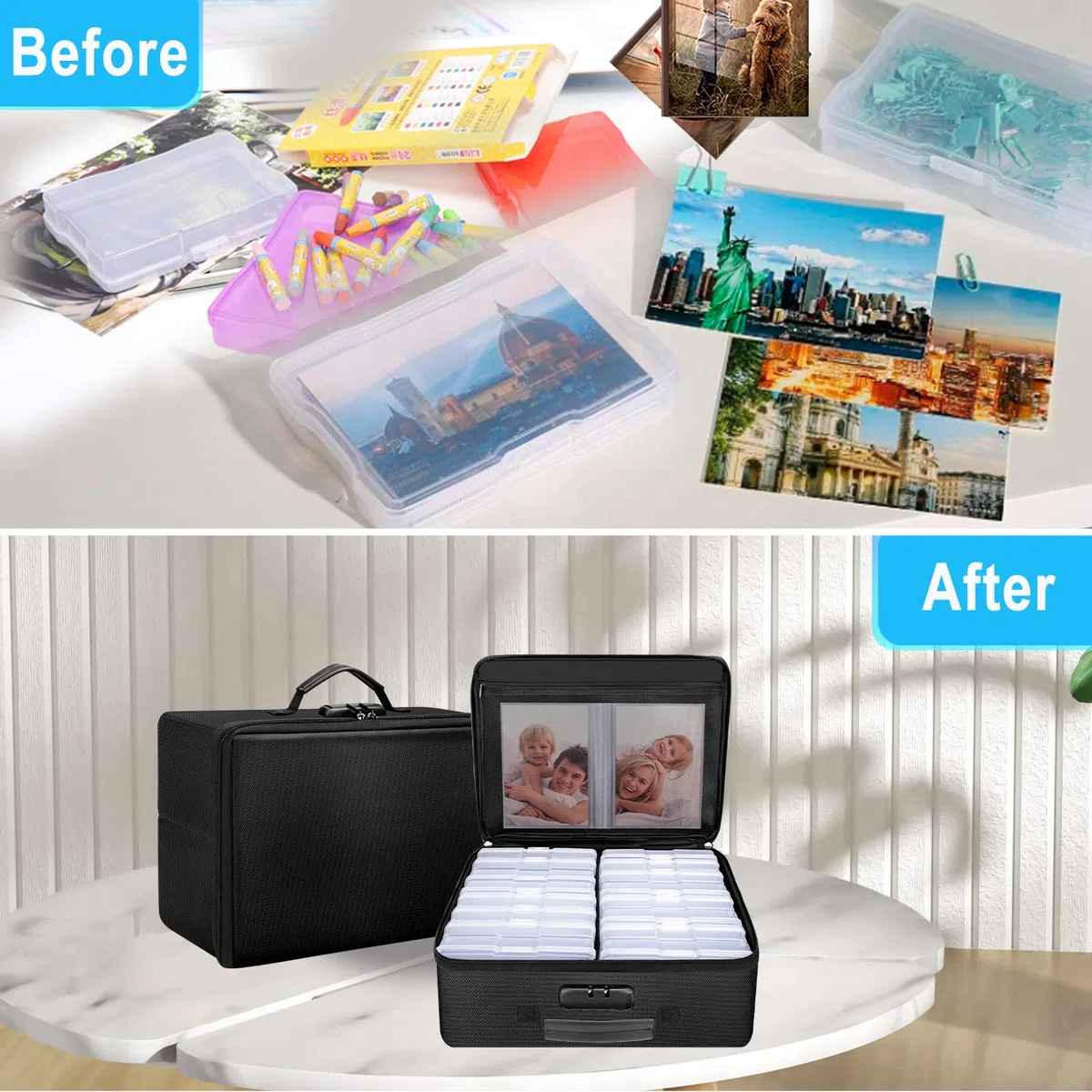 Feuerfeste Foto-Aufbewahrungsbox mit 16 inneren 10.2x15.2 cm großen Foto-Hüllen (transparent), ENGPOW Foto-Box-Organizer mit Schloss, Bilder, Wertsachen