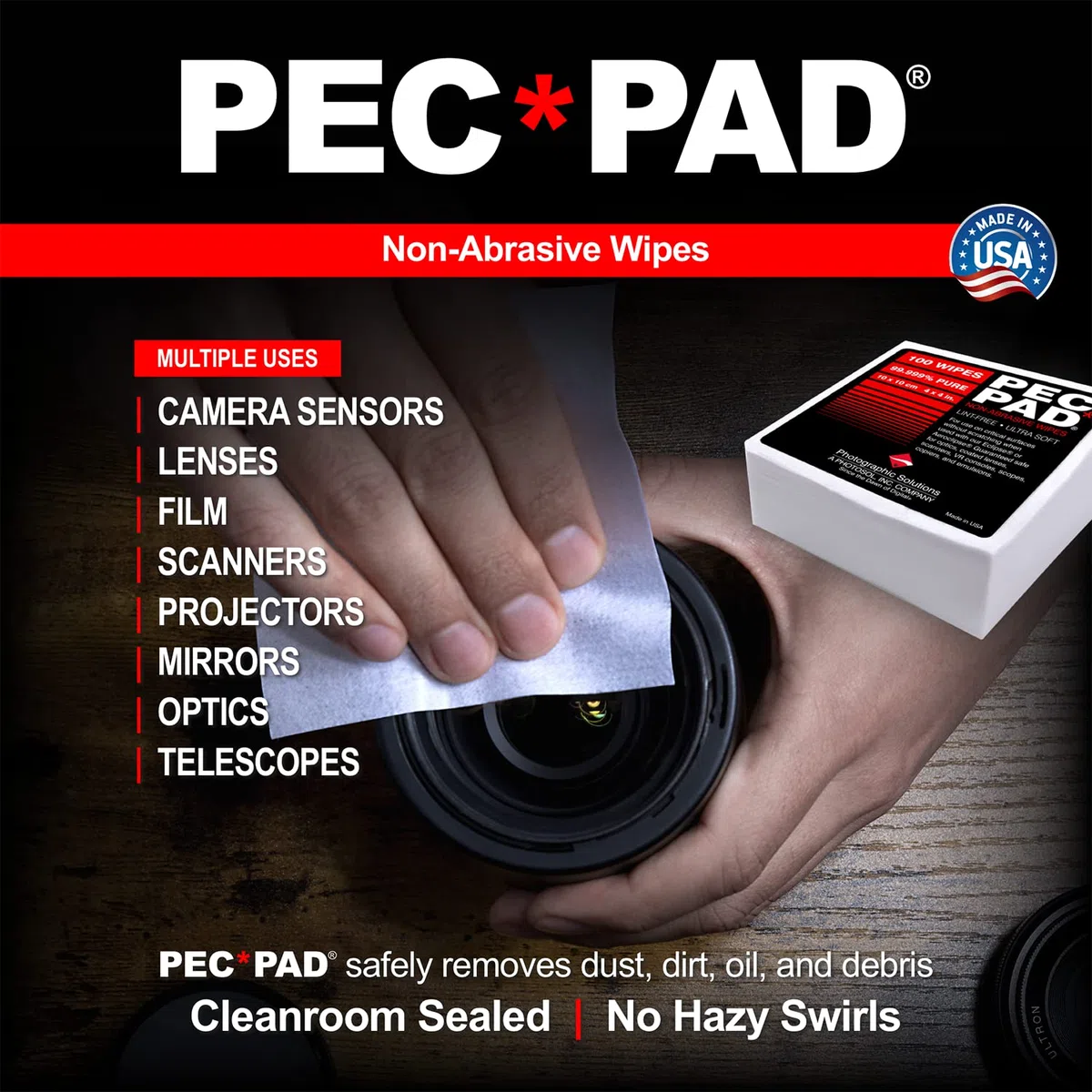 PEC-PAD Lint Free Wipes 4”x4” Non-Abrasive Ultra Soft Cloth for Cleaning Sensitive Surfaces like Camera, Lens, Filters, Film, Scanners, Telescopes, Microscopes, Binoculars. (100 Sheets Per/Pkg) 4-Pack