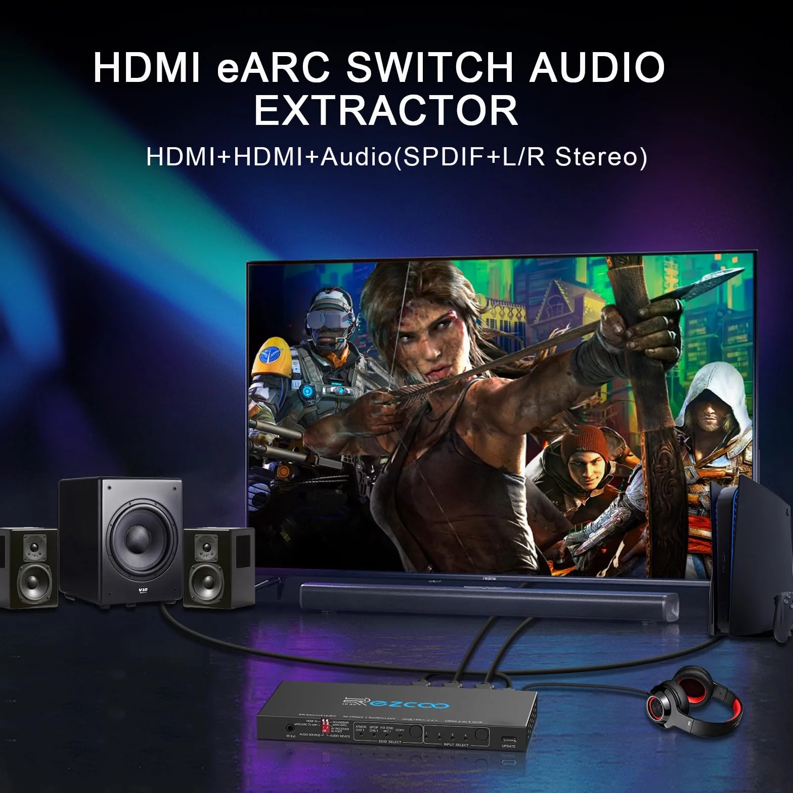 4K 120Hz HDMI 2.1 Switch Umschalter 4x1 eARC Audio Extractor VRR ALLM HDCP2.3 ARC HDR10 CEC SPDIF Optisch und 3.5mm Audio Out,HDMI Switcher 4 IN 1OUT IR Remote Dolby Digital EDID für PS5 Xbox AMD