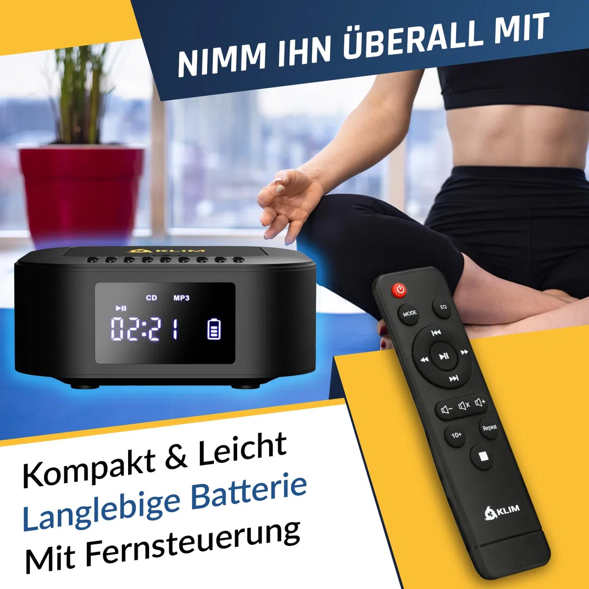 KLIM Boombox E1 Radio mit CD Player - BASS Boost mit Tieftöner - FM Radio, MP3, Bluetooth, AUX, USB - CD Player tragbar mit kabellosem Modus und aufladbaren Akku - Mit Fernbedienung - Schwarz/Gold