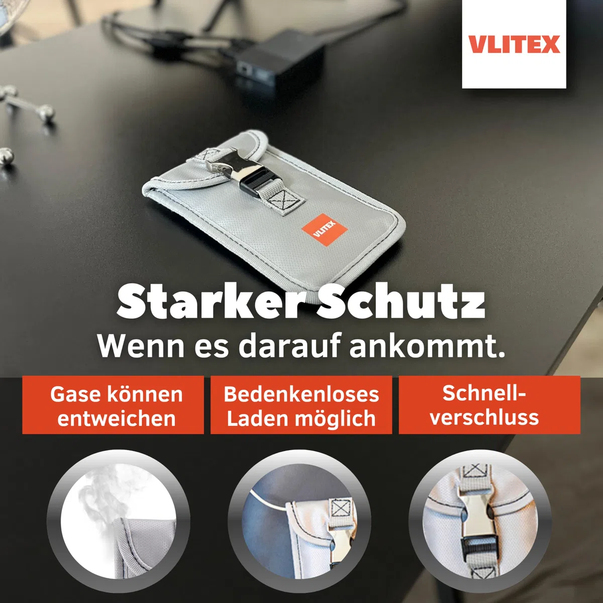 VLITEX Kleine Brandschutz Tasche | 3 Feuerfeste Lagen | Ladetasche für Handy, Powerbank, Smartwatch, Bluetooth Kopfhörer, Smartphone usw. | Lithium Ionen Akku Batterie sicher Aufladen und aufbwahren