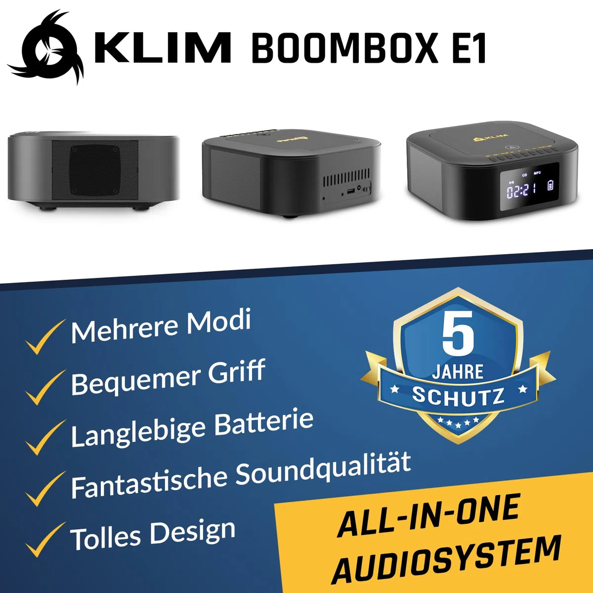 KLIM Boombox E1 Radio mit CD Player - BASS Boost mit Tieftöner - FM Radio, MP3, Bluetooth, AUX, USB - CD Player tragbar mit kabellosem Modus und aufladbaren Akku - Mit Fernbedienung - Schwarz/Gold