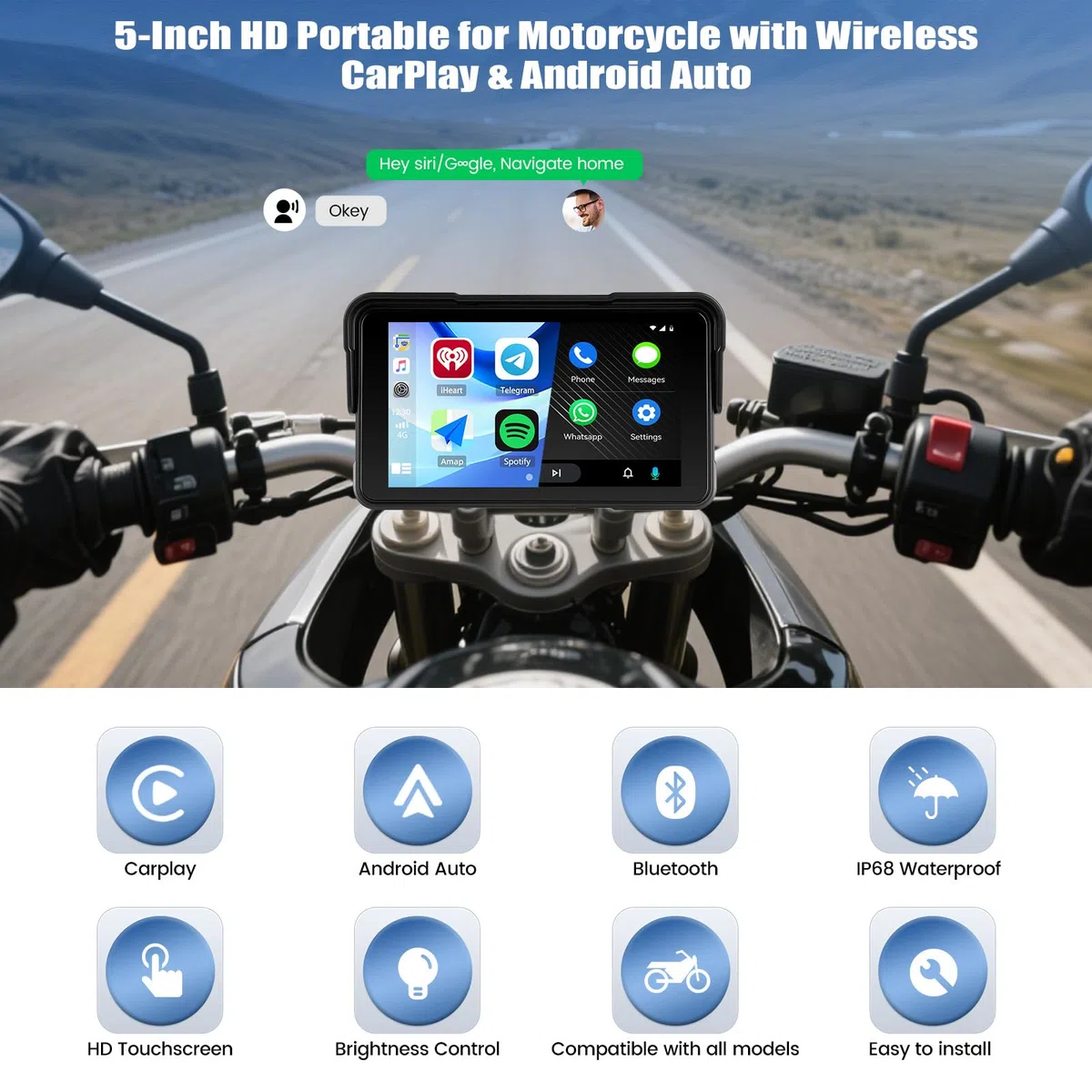 SIXWIN Motorrad Carplay Bildschirm für Moto mit Wireless Carplay Android Auto, 5 Zoll HD Touchscreen Tragbare Autoradio IP68 Wasserdicht Motorcycle GPS-Navigation Dual-Bluetooth Siri/GOO-gle