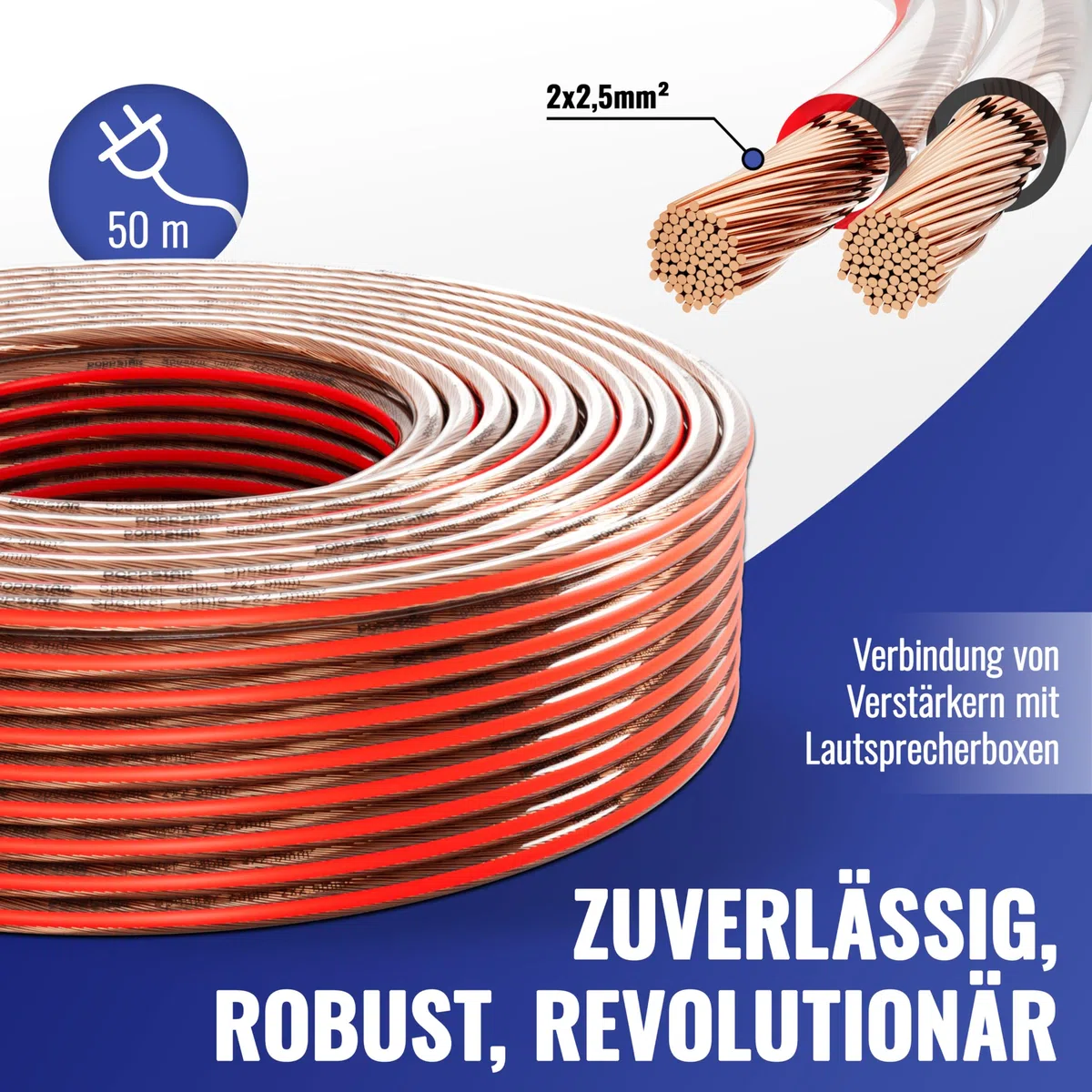 Poppstar 50m Lautsprecherkabel 2x2,5 mm² (Vollkupfer-Innenleiter OFC 99,99%, PVC Mantel transparent)