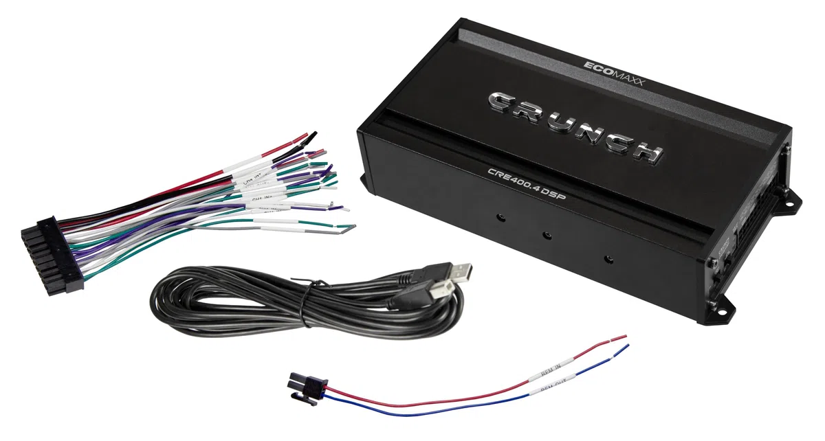CRUNCH CRE400.4DSP - 4 Kanal CLASS A/B Auto Verstärker - 4 x 50W - und integriertem 6 Kanal 32 Bit DSP - integriertem Bluetooth für Audio Steaming und APP Steuerung | ECOMAXX Serie