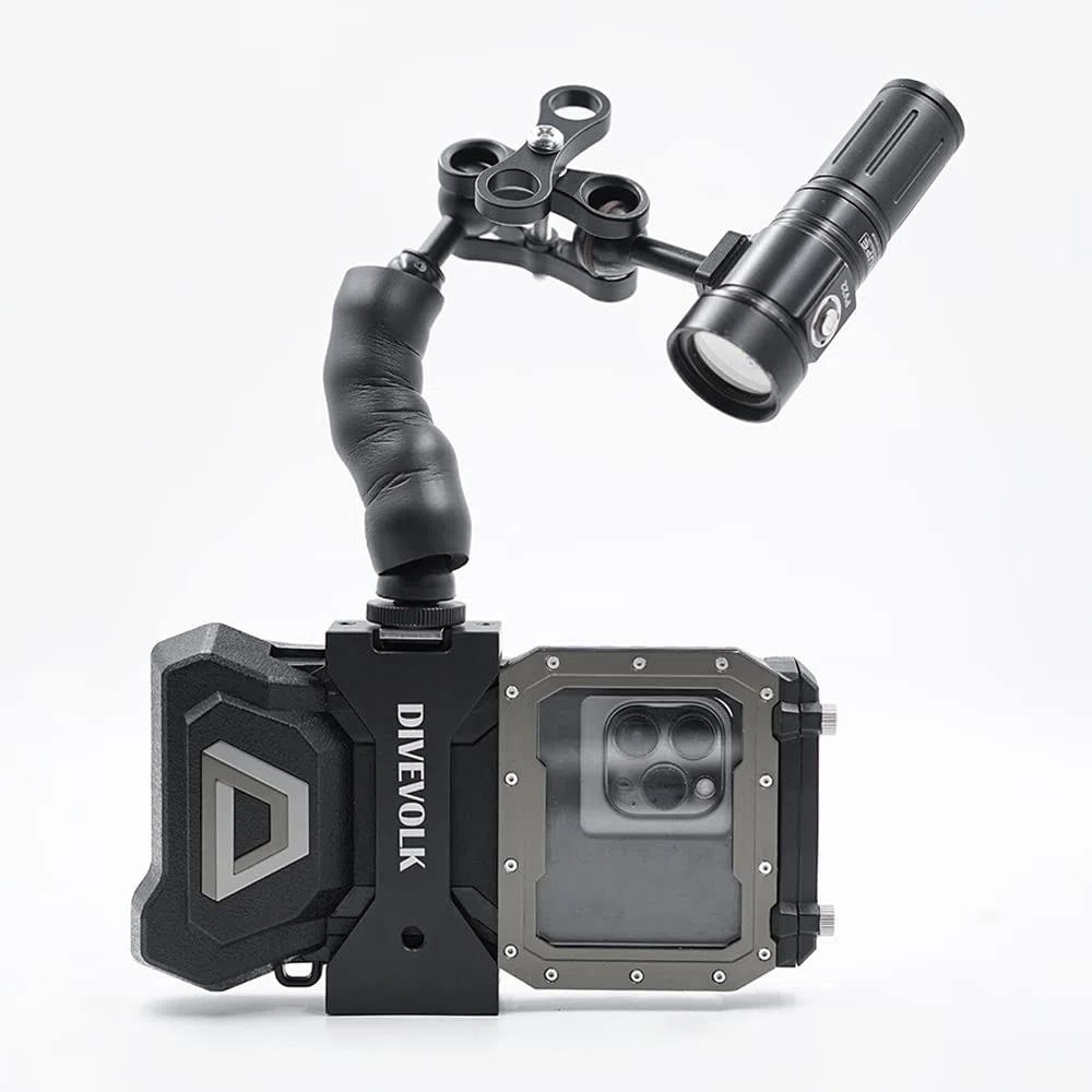 DIVEVOLK Flexibler Arm für SEATOUCH 4 MAX Unterwassergehäuse - Schwarz - Universalmount - Kaltsohlenverbinder - 18 cm - Aluminium-Kugelkopf
