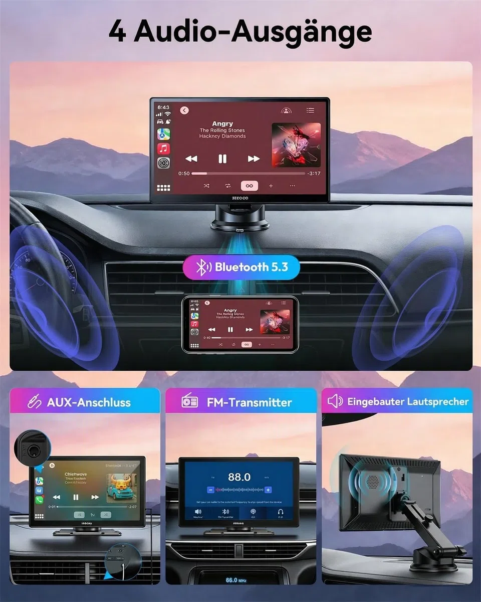 ESSGOO Carplay Android Auto Display mit Rückfahrkamera,9 Zoll Carplay Bildschirm für Apple/Android Auto/AirPlay/Mirror Link,Wireless Touchscreen GPS Navigation,mit Bluetooth5.3,AUX,FM,Sprachassistent