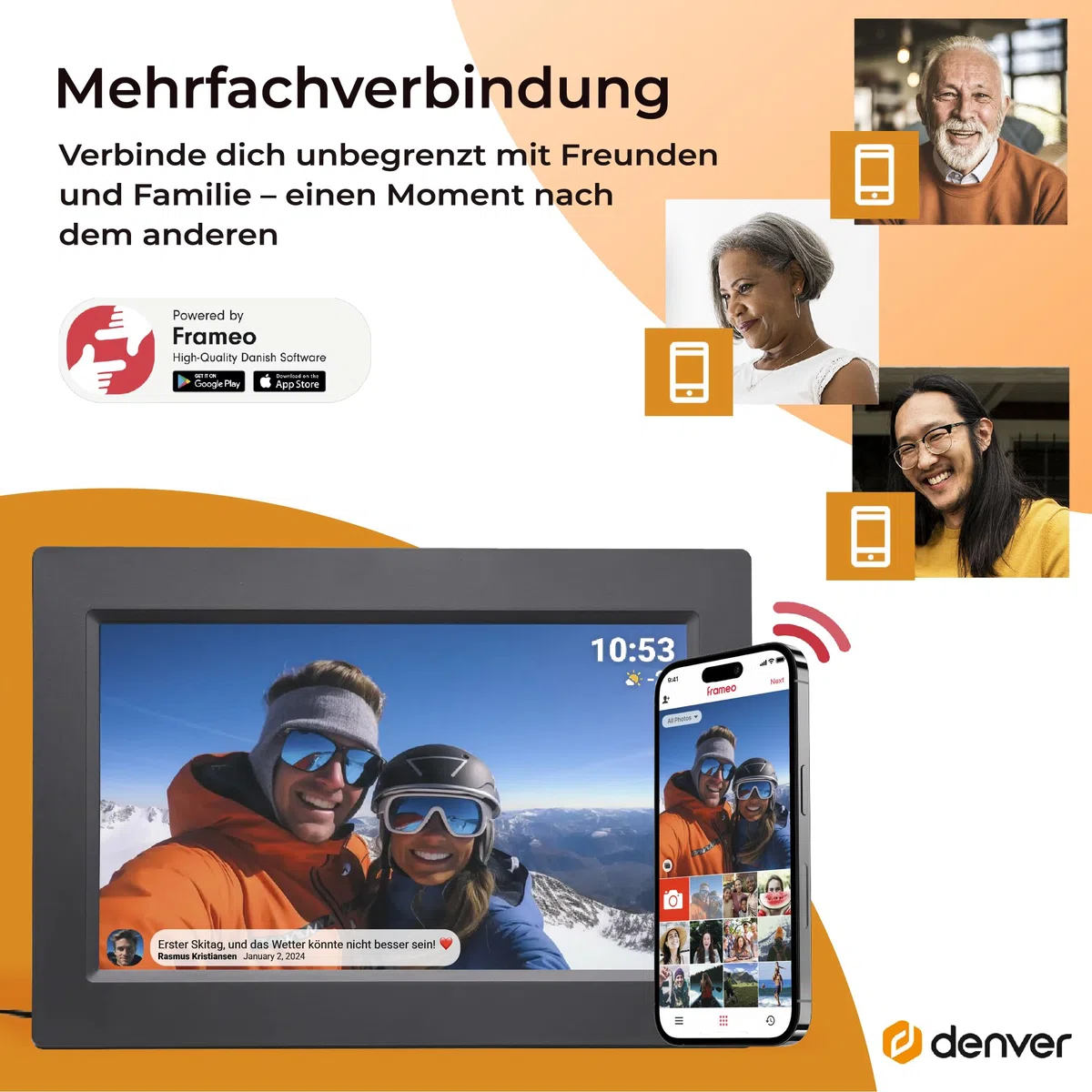 Denver Digitaler Bilderrahmen 10,1 Zoll mit WLAN – Frameo Digital Photo Frame mit Touchscreen & 16 GB Speicher – Elektrischer Fotorahmen mit App‑Steuerung - USB & microSD - Schwarz