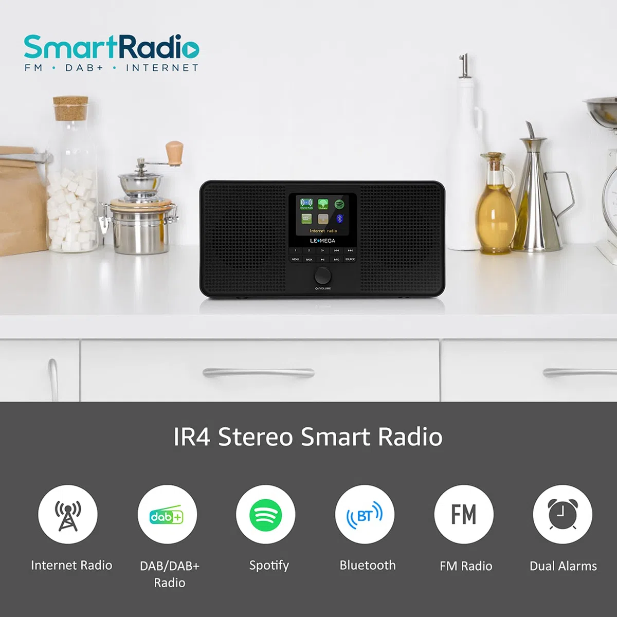 LEMEGA IR4S Stereo WiFi Internet Radio,Tragbares DAB/DAB+/FM Digitalradio,Spotify Connect,Bluetooth,Doppel Wecker,60 Voreinstellungen,Kopfhörer-Ausgang,Batteries und Netzstrom - Schwarzes Finish