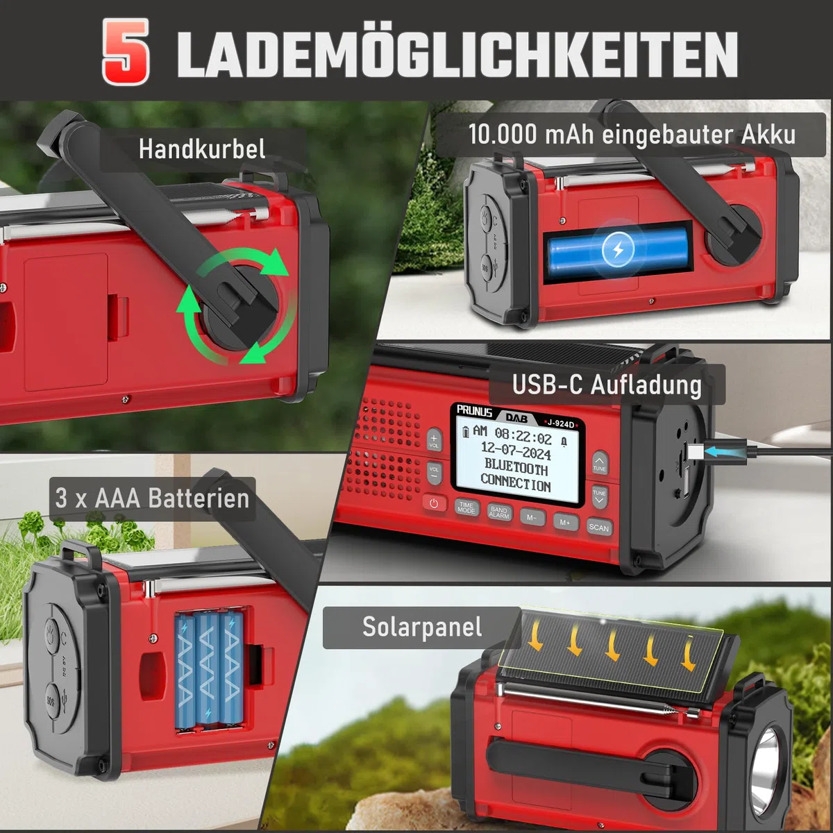 PRUNUS J-924 Digital Radio DAB+/UKW, Kurbelradio Notfall mit 10000mAh Akku, DAB Radio mit Bluetooth, Notfallradio mit Taschenlampe/SOS Alarm/Handyladefunktion für Ourdoor, Notfall. (Rot)