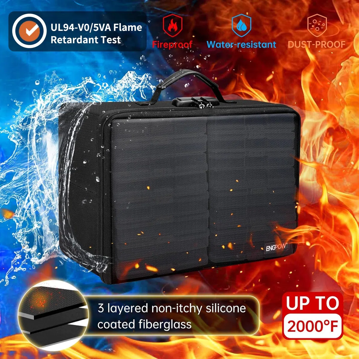 Feuerfeste Foto-Aufbewahrungsbox mit 16 inneren 10.2x15.2 cm großen Foto-Hüllen (transparent), ENGPOW Foto-Box-Organizer mit Schloss, Bilder, Wertsachen