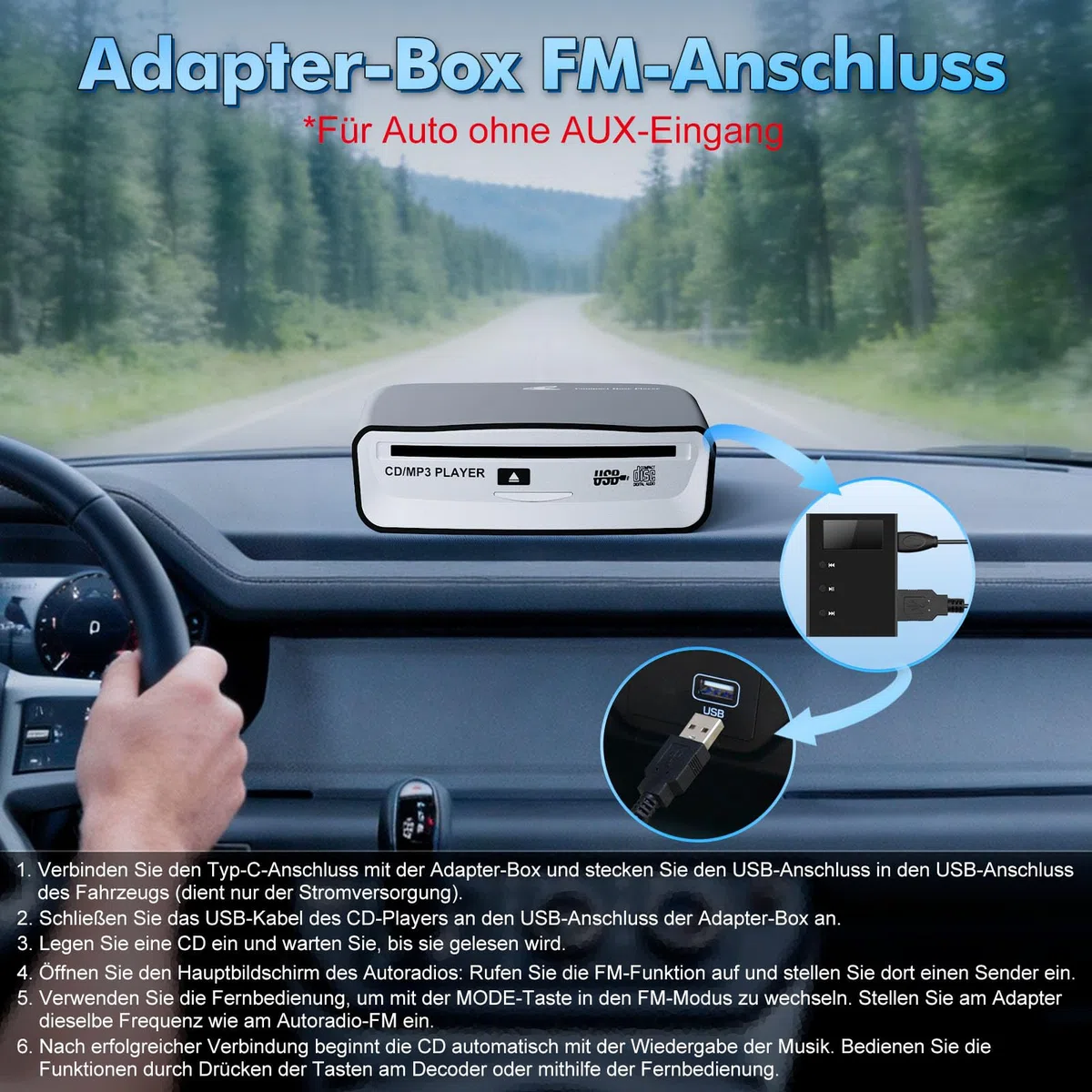 Auto CD Player mit USB-Anschluss - Timzeit Extern Universal CD Player für Auto PKW LKW mit AUX-kabel und Fernbedienung, Externes CD Laufwerk für Laptop, PC, Fernseher, kompatibel mit Android Autoradio