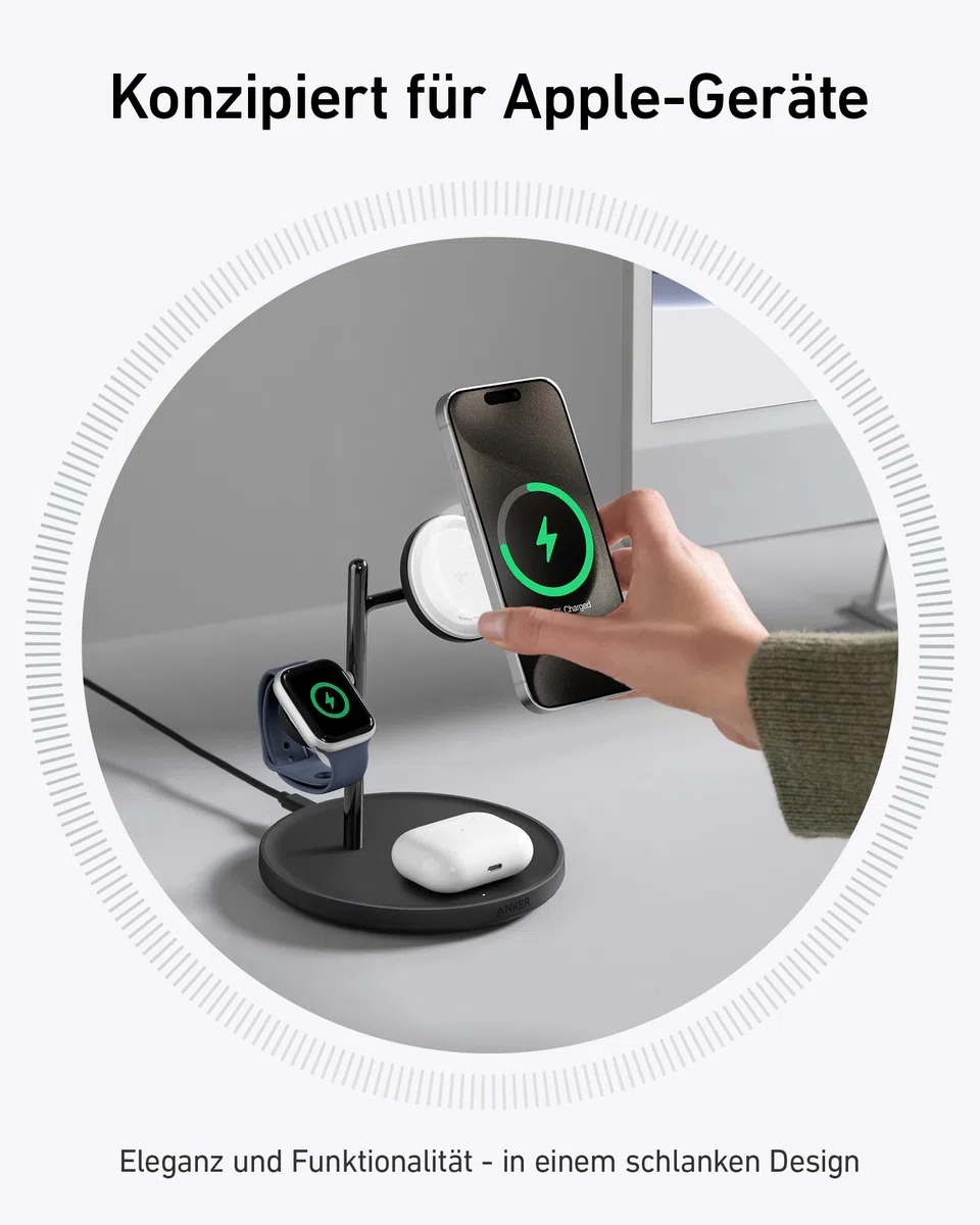 Anker MagGo 3-in-1 Kabellose Ladestation, 15W kabelloser Ladeständer, MagSafe-kompatibel, Qi2-zertifiziert, für iPhone 17/16/15/14 Serie, AirPods Pro, Apple Watch Ultra (Mit USB-C Netzteil und Kabel)