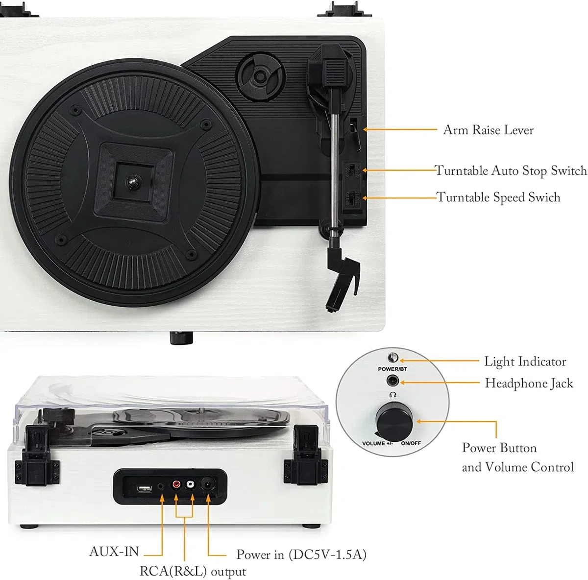 Udreamer Schallplattenspieler, Plattenspieler mit integrierten Lautsprechern und Bluetooth Riemenantrieb, Vintage-Phonograph mit 3 Geschwindigkeiten für Musikgenuss und Heimdekoration Weiß