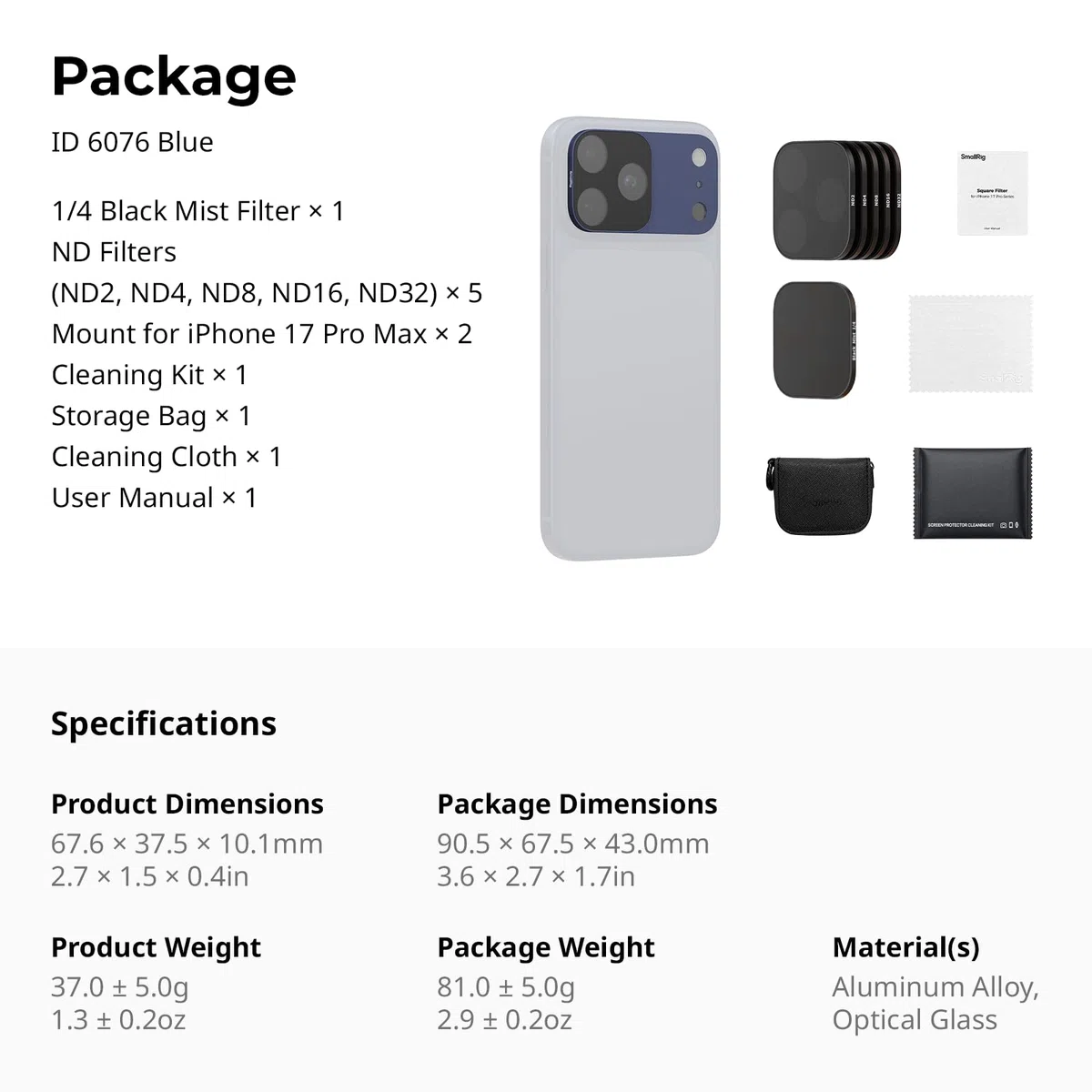 SMALLRIG Square ND & Black Mist Filter Kit für iPhone 17 Pro Max, Magnetische Objektivfilter mit Basishalterung, Black Mist Diffusion 1/4 Filter/ND2/ND4/ND8/ND16/ND32, 6er-Pack, Blau – 6076