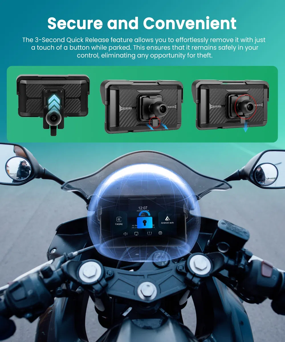 VECHTEL Motorrad Navi Kabelloses CarPlay und Android Auto per Moto, 5 Zoll HD Touchscreen GPS Navigation für Motorrad mit IP68 Wasserdicht, Bluetooth, Assistente Siri/GOO-gle, TPMS