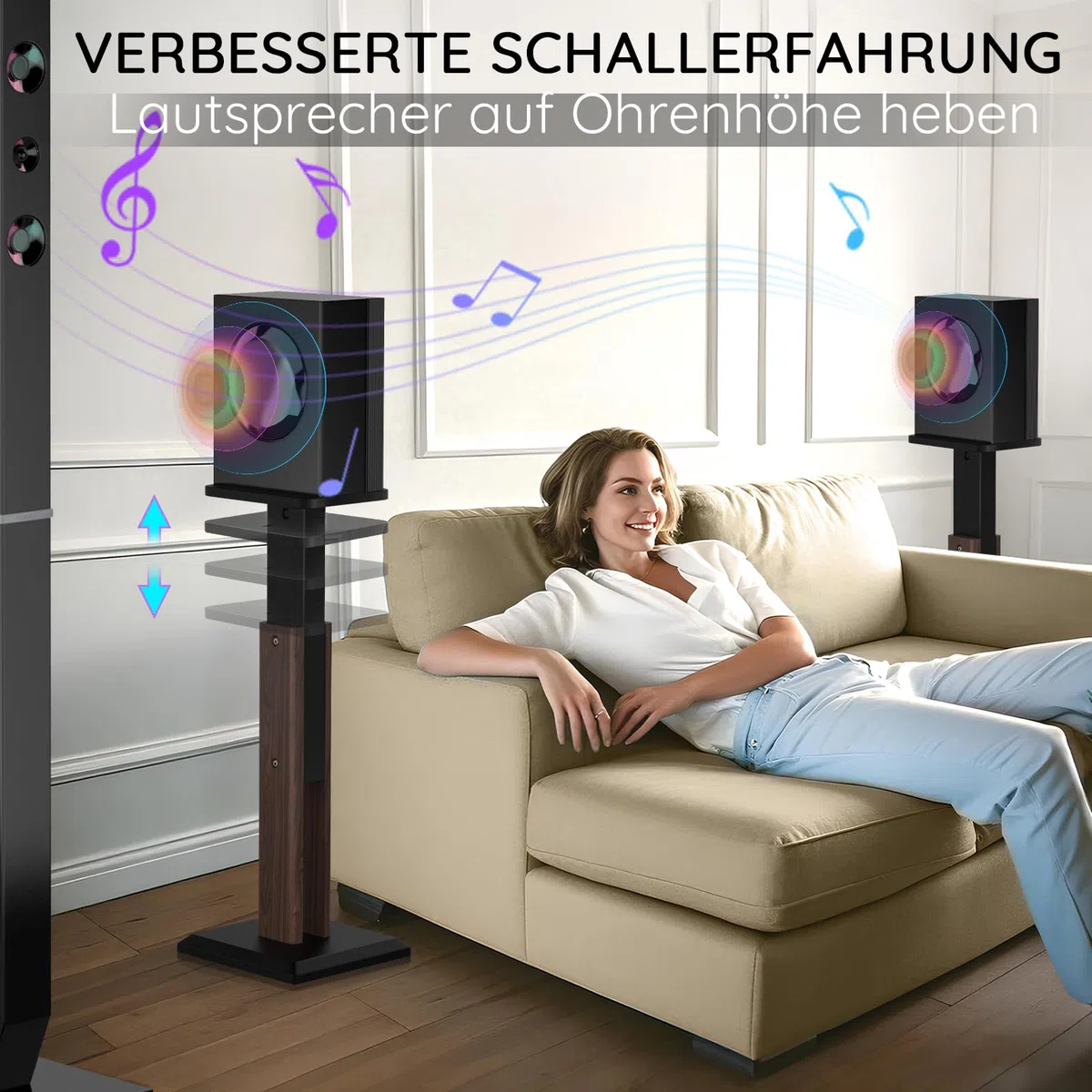 Lautsprecherständer 65-85cm höhenverstellbar, Boxenständer Holz für Satelliten Regallautsprecher von 4 bis 10 Zoll, 20kg Tragkraf, 2er-Set