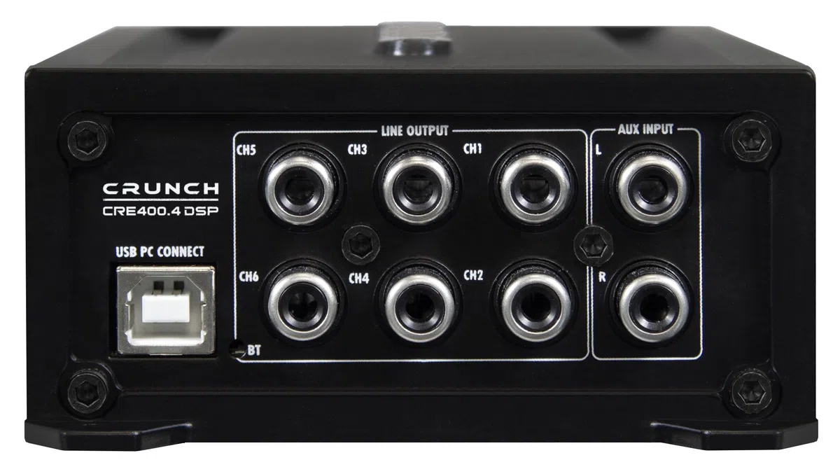 CRUNCH CRE400.4DSP - 4 Kanal CLASS A/B Auto Verstärker - 4 x 50W - und integriertem 6 Kanal 32 Bit DSP - integriertem Bluetooth für Audio Steaming und APP Steuerung | ECOMAXX Serie