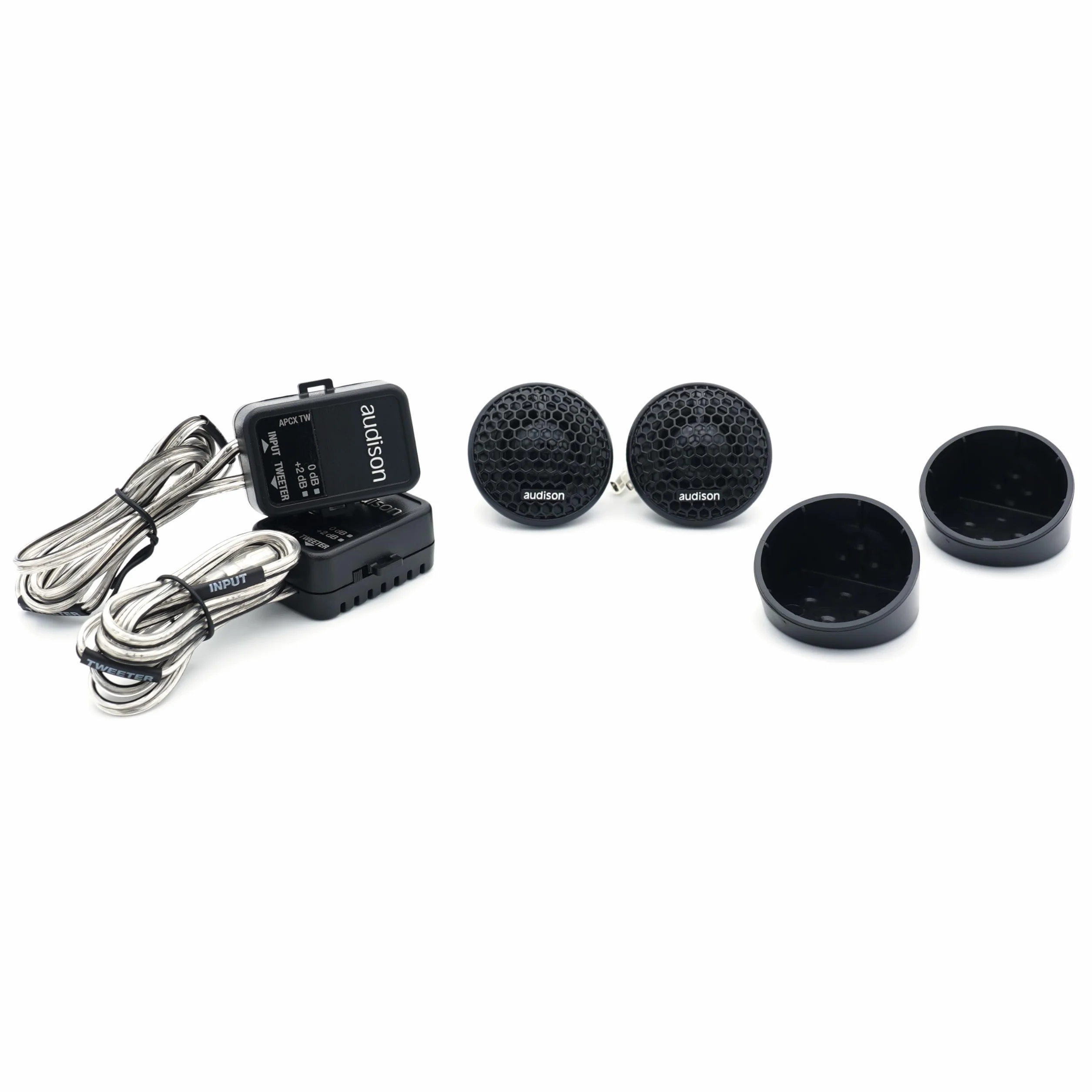 Audison AP 1 Paar Hochtöner 26 mm, 150 W | Tetolon-Kalotte, Neodym-Magnet, 4 Ohm, Schwingspule 20 mm, 93 dB, inkl. Frequenzweiche, 2000-20000 Hz, inkl. Grills