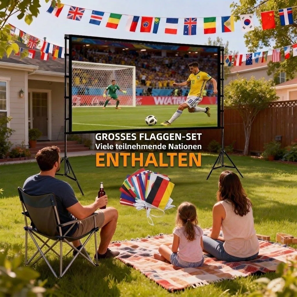 Leinwand Beamer mit Ständer 120 Zoll, Doppelstützen für mehr Stabilität, Schnell & Einfach Aufgebaut, Tragbar, Knitterarm, Beamer Leinwand für Outdoor und Garten, Growzelt