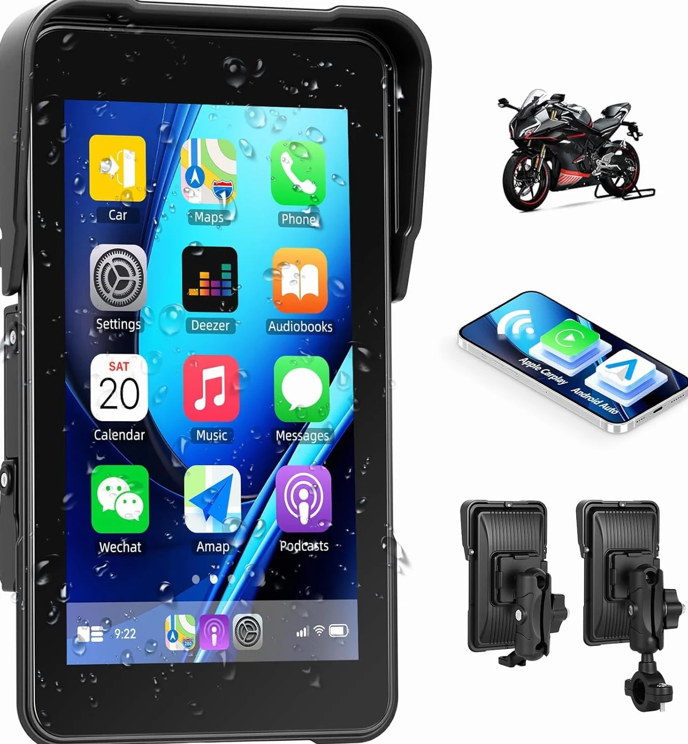 CAMECHO Motorrad Carplay Navi Bildschirm mit Drahtlosem Carplay Android Auto IP68 Wasserdichter Navigationsgeräte, 5 Zoll Touchscreen Bluetooth Display für Motorräder 12V
