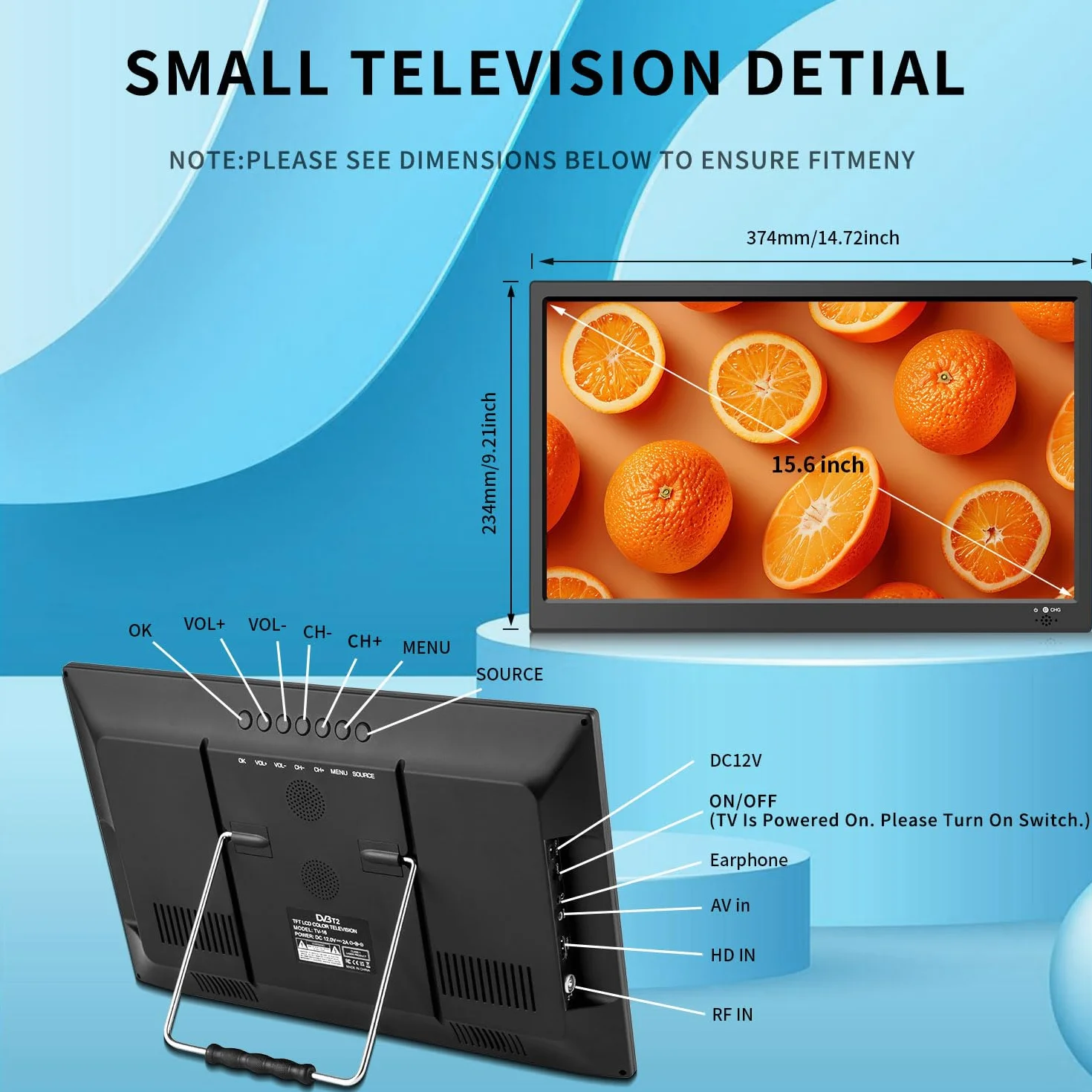 KCR 15,6-Zoll Digital TV, DVB-T2 Tuner, mit Netzkabel und 12 Volt Ladekabel, AV Eingang, HDMI Eingang, USB Slot, Fernbedienung, Tv Freeview