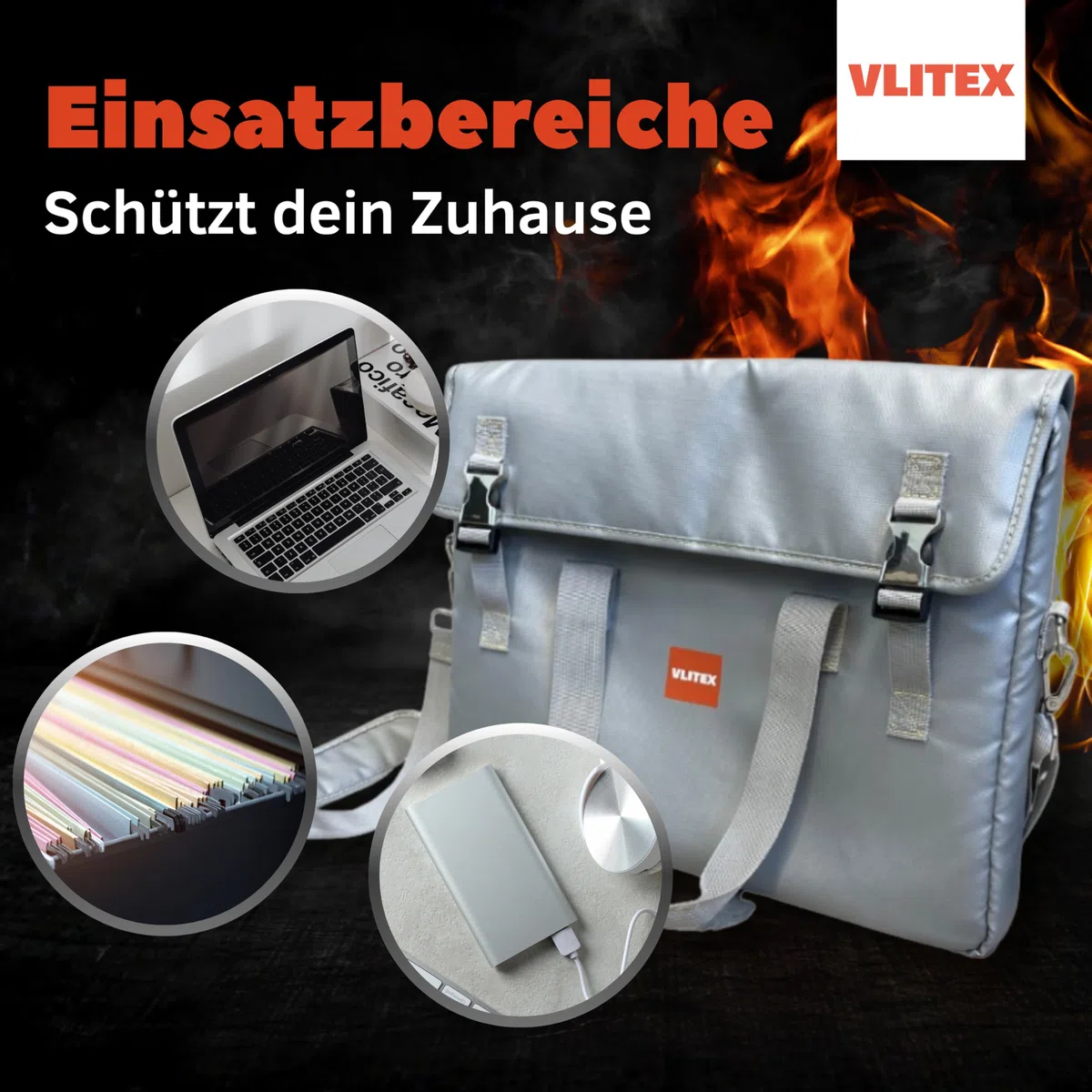 VLITEX Kleine Brandschutz Tasche | 3 Feuerfeste Lagen | Ladetasche für Handy, Powerbank, Smartwatch, Bluetooth Kopfhörer, Smartphone usw. | Lithium Ionen Akku Batterie sicher Aufladen und aufbwahren