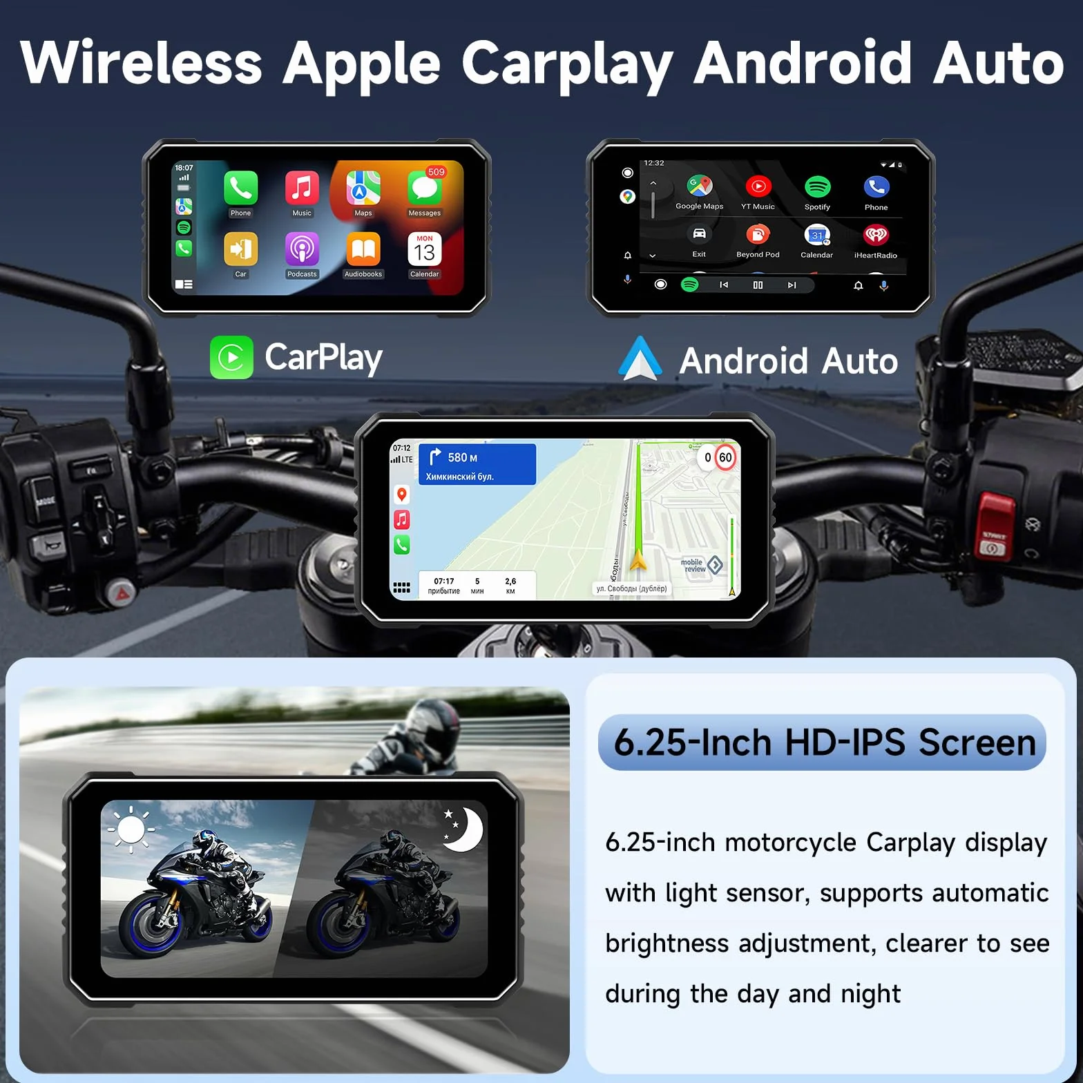 Vtopek 4K Dashcam Motorrad CarPlay 6,25-Zoll Motorrad Display Wireless Carplay Android Auto Motorradnavigationsgeräte IP67 Wasserdicht Motorad Navigation Dual-Bluetooth Siri Fernbedienung 64GB-Kart