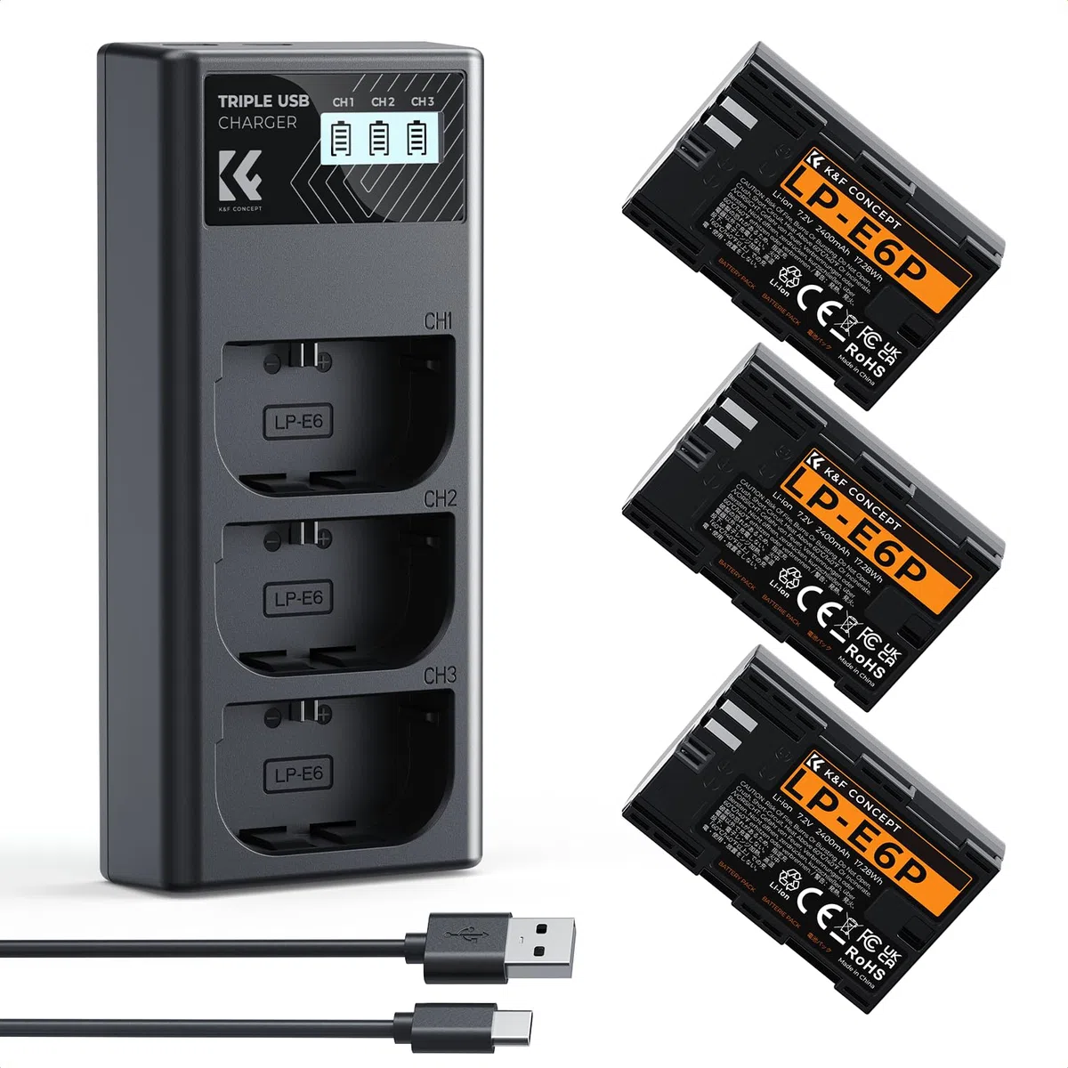 K&F CONCEPT LP-E6P Akku (3er Pack) mit 3-Slot Ladegerät, LP-E6NH Ersatzakku, 2400mAh Battery für Canon EOS R5 Mark II, R5, R6 Mark III, R6 Mark II, R6, R6V,R7, R5C, 5D Mark IV, 6D Mark II, 90D, 80D