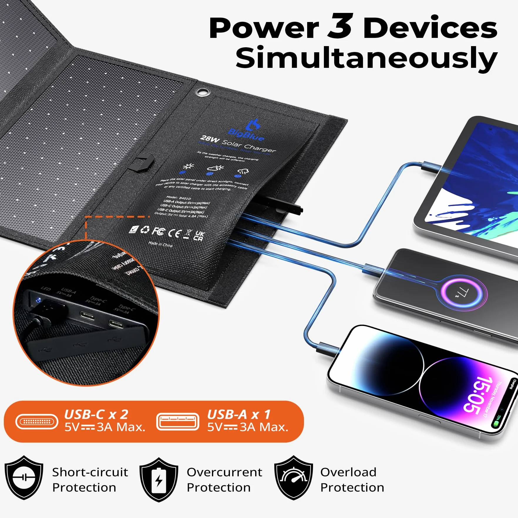 BigBlue 28W Tragbar Solarladegerät mit 3 USB-Anschlüssen(4,8A insgesamt), IP44 Wasserdicht Solarpanel, Faltbar, Ideal für Outdoor Aktivitäten, für Wiederaufladen Powerbank-iPhone Android GoPro