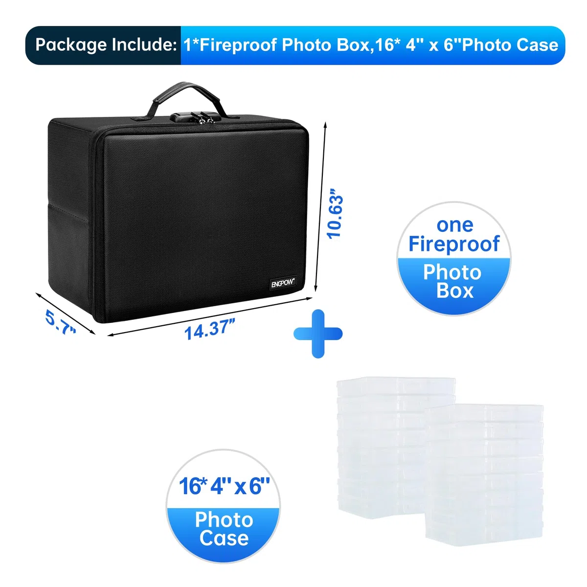 Feuerfeste Foto-Aufbewahrungsbox mit 16 inneren 10.2x15.2 cm großen Foto-Hüllen (transparent), ENGPOW Foto-Box-Organizer mit Schloss, Bilder, Wertsachen