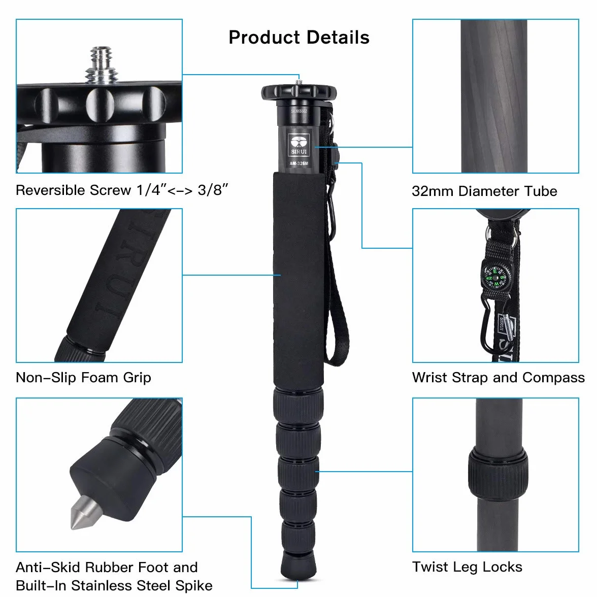 SIRUI AM-326M Einbeinstativ Carbon Monopod Reisestativ 6 Abschnitt Kohlefaser Tragbar Kompakt Leichtes Reise-Einbeinstativ, Max. Belastung 10kg