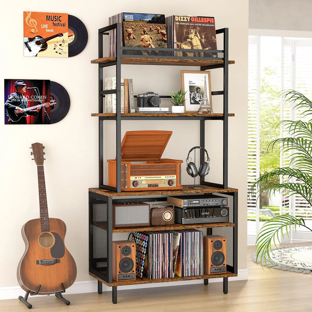 5 Etagen Plattenspieler-Ständer, Vintage Beistelltisch Plattenspieler Regal mit Schallplattenaufbewahrung Groß Vinyl Schallplattenständer Vinyl Holder Fasst 400+ Alben für Wohnzimmer Schlafzimmer Büro