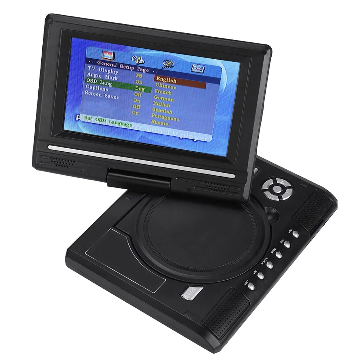 Tragbarer DVD-Player, 7 Zoll Drehbarer Bildschirm, Wiederaufladbar, mit TV-Autoladegerät, Gamepad (EU-Stecker)