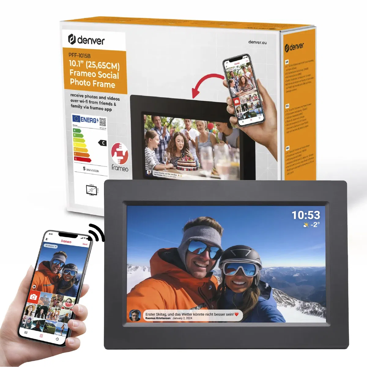 Denver Digitaler Bilderrahmen 10,1 Zoll mit WLAN – Frameo Digital Photo Frame mit Touchscreen & 16 GB Speicher – Elektrischer Fotorahmen mit App‑Steuerung - USB & microSD - Schwarz