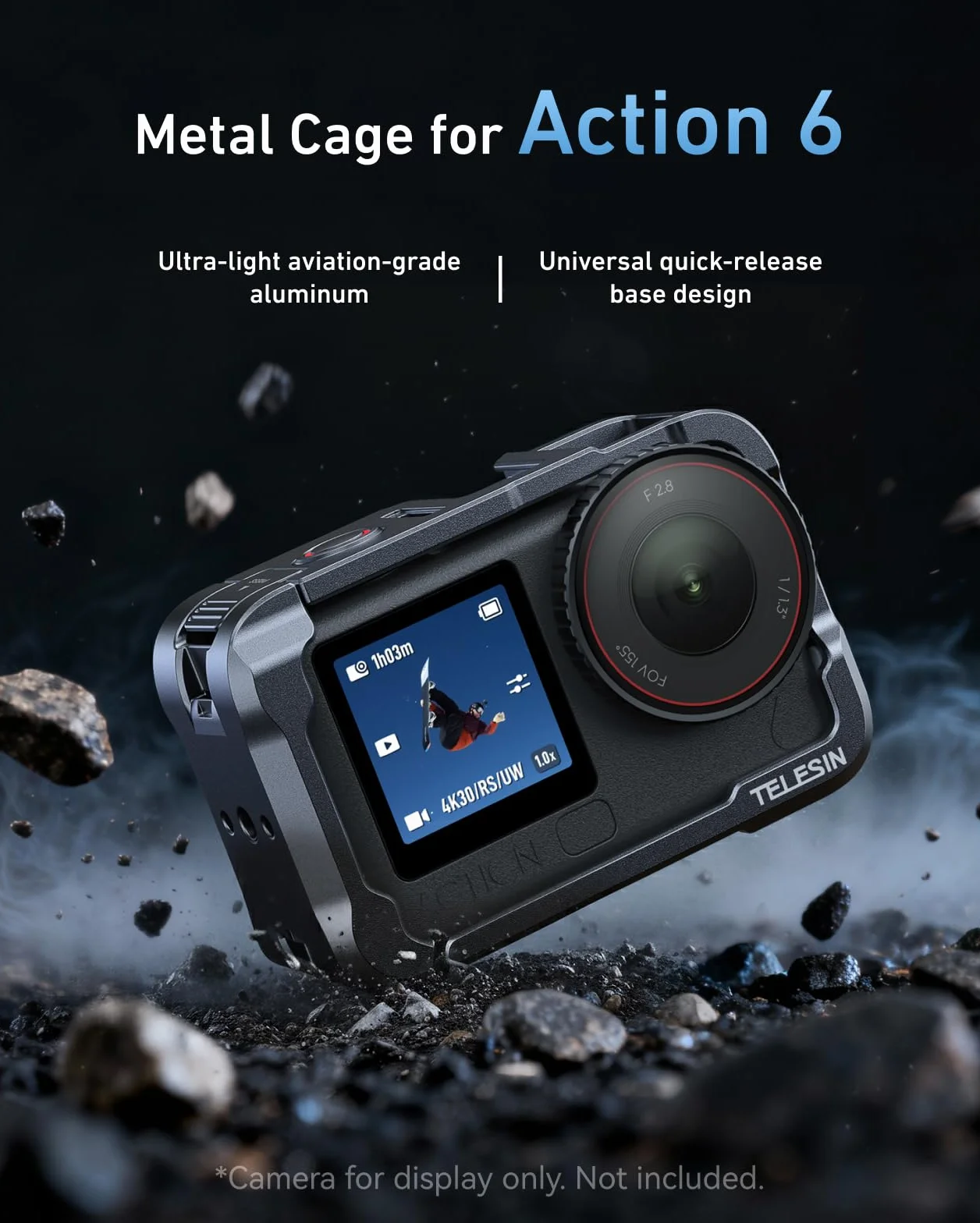 TELESIN Aluminium Schutzrahmen für DJI Osmo Action 6, CNC Metall Quick-Release Cage mit Objektivschutz, Batterie Schnellzugriff, Cold Shoe, 1/4"-Gewinde & Erweiterungsports für Action & Outdoor