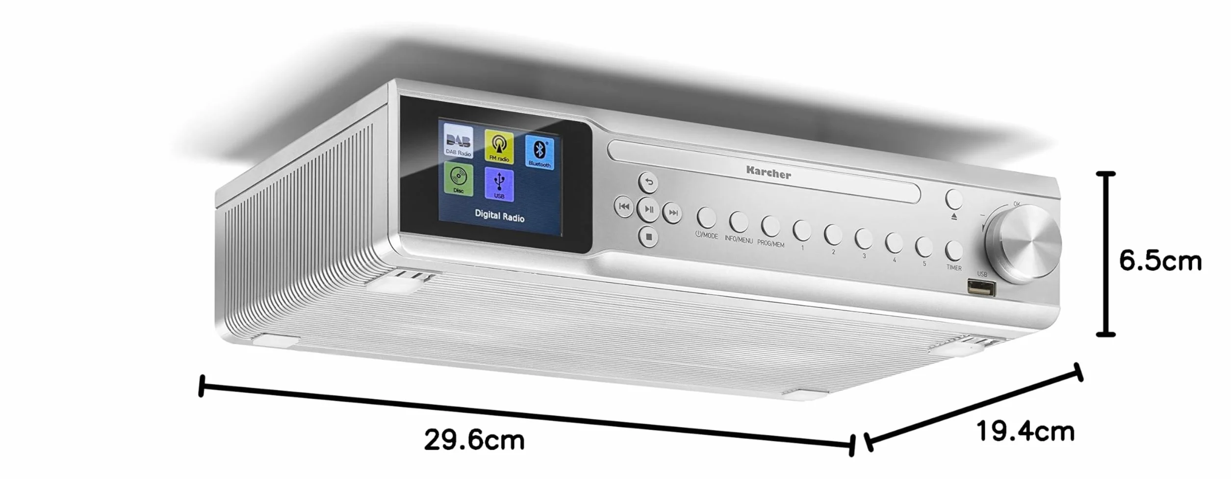 Karcher RA 2060D-S - Unterbau-Küchenradio mit CD-Player, DAB+ / UKW-Radio, Unterbauradio mit Bluetooth, Digitalradio mit Wecker, Farbdisplay, USB-Anschluss, 30 Senderspeicher, inkl. Fernbedienung