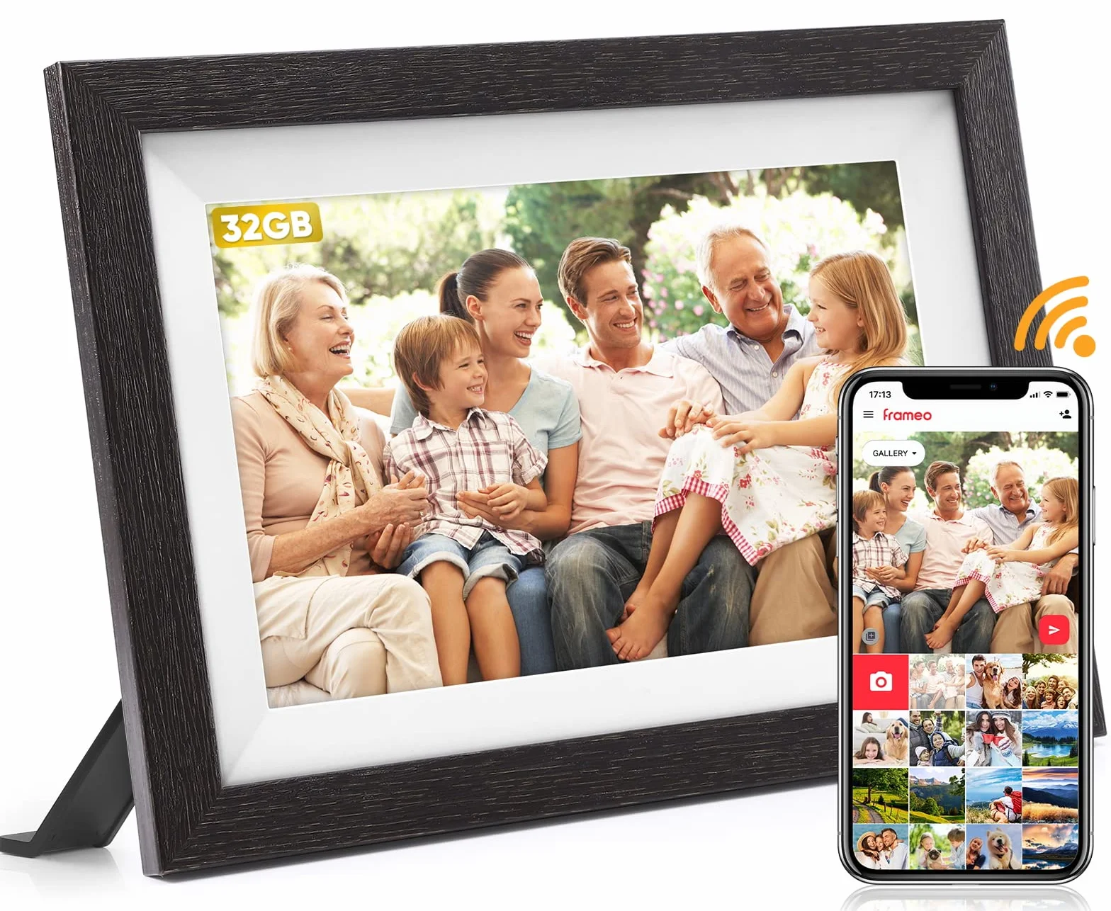 Frameo Digitaler Bilderrahmen WLAN, FUMAT 10.1 Zoll Elektronischer Bilderrahmen Digital 32 GB Speicher, Einfache Teilen von Fotos und Videos über Frameo App, Automatische Drehung,IPS HD Touchscreen