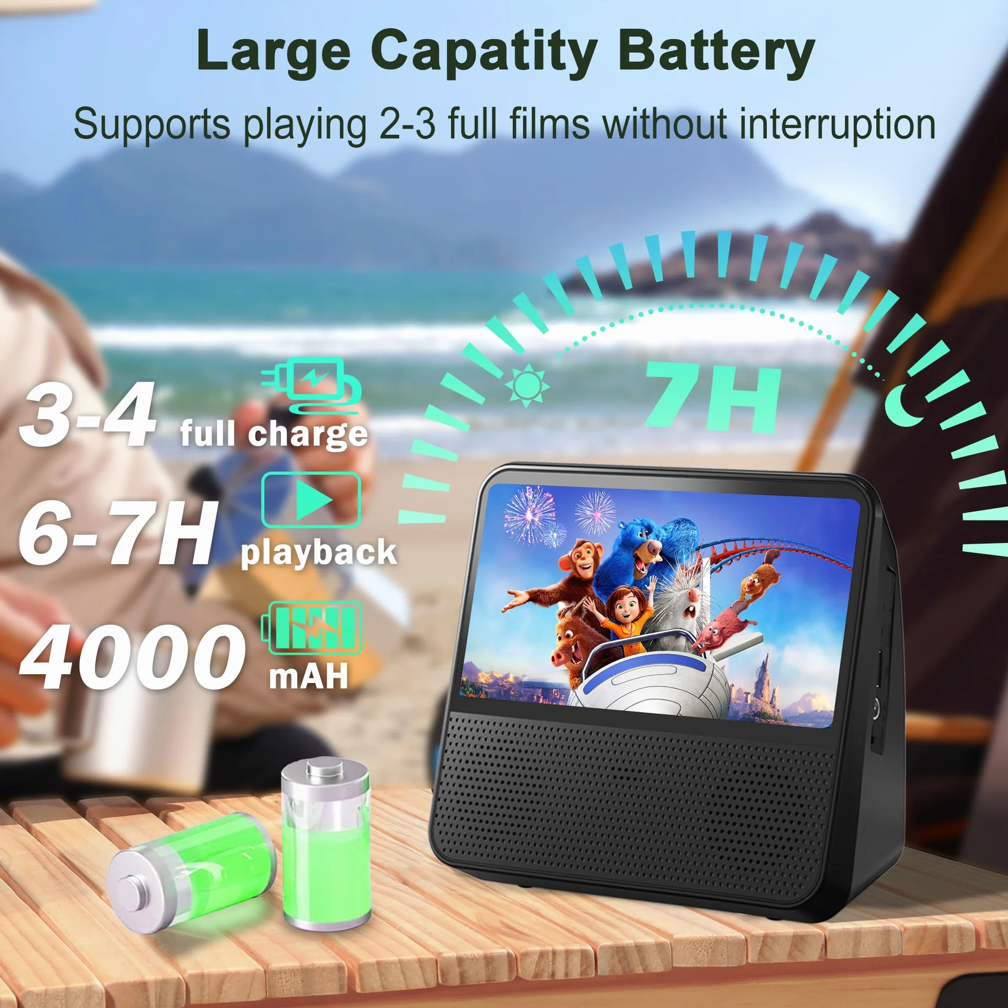 4000mAH wiederaufladbarer tragbarer DVD-Player, 9,8" HD DVD-Player für Kinder, unterstützt DVD/CD/Bluetooth/AUX/AV/USB, Timer, Helligkeitsregelung, Fernbedienung