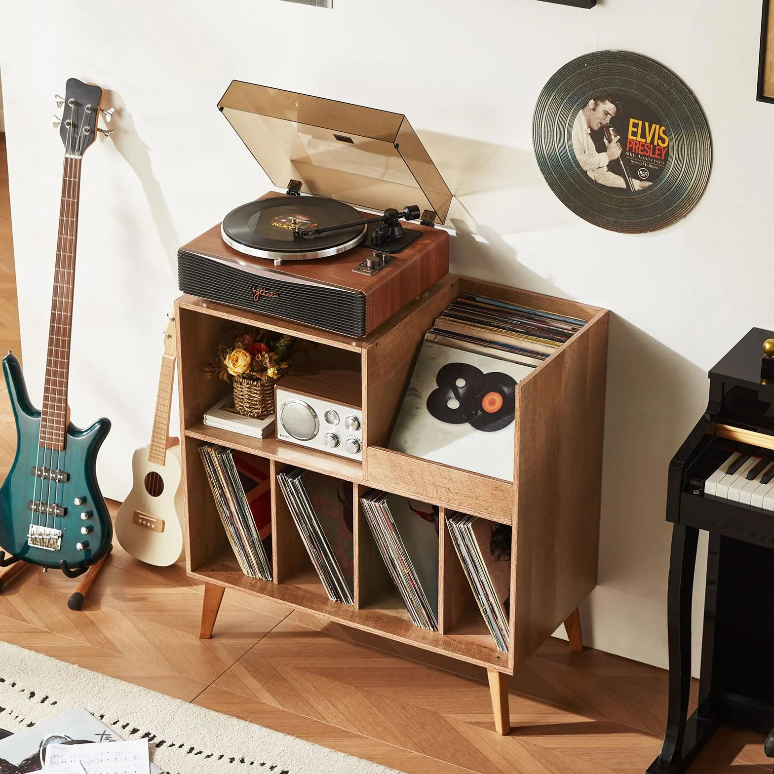 Großer Plattenständer mit Aufbewahrung,Plattenspieler-Ständer mit Ablage,Vinylplatten-Halterung mit Präsentationsfläche,Plattenständer für bis zu 300 Alben, Plattenregal für Musikzimmer und Wohnzimmer