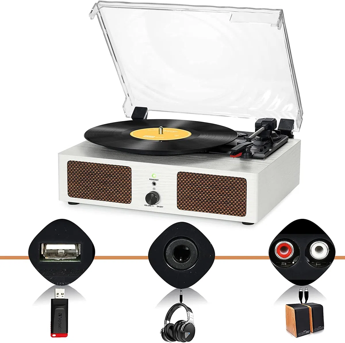 Udreamer Schallplattenspieler, Plattenspieler mit integrierten Lautsprechern und Bluetooth Riemenantrieb, Vintage-Phonograph mit 3 Geschwindigkeiten für Musikgenuss und Heimdekoration Weiß
