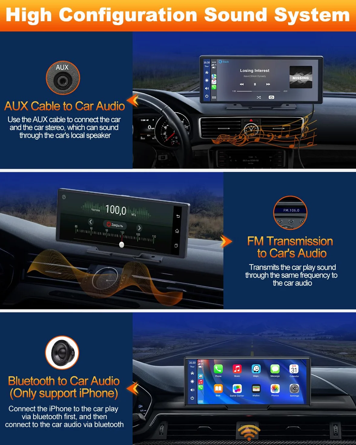 Volam Wireless Carplay Android Auto Display mit 9,26 Zoll Touchscreen, Mirror Link, Live-Navigation, Musikspielen, Siri, Google-Assistent, Bluetooth 5,0, AUX, FM