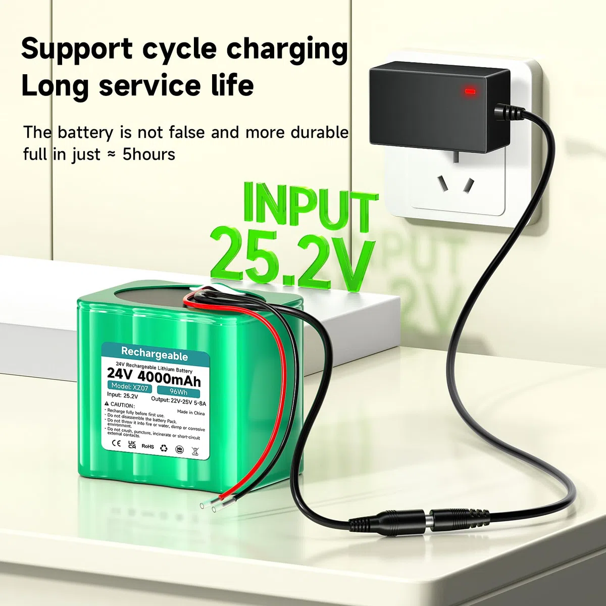 24V Akku 4000MAH Lithium wiederaufladbar Akku Mit Ladegerät & Steckeradapter & Verbindungslinie, für 24V -Geräte, DIY/Spielzugboot/Spielzeugauto Stromversorgung