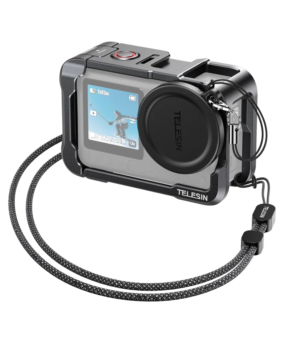 TELESIN Aluminium Schutzrahmen für DJI Osmo Action 6, CNC Metall Quick-Release Cage mit Objektivschutz, Batterie Schnellzugriff, Cold Shoe, 1/4"-Gewinde & Erweiterungsports für Action & Outdoor