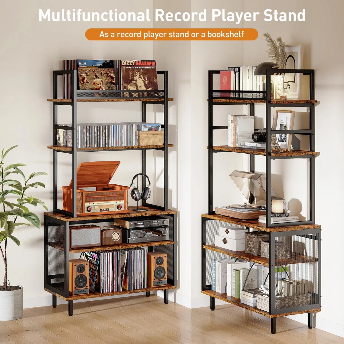 5 Etagen Plattenspieler-Ständer, Vintage Beistelltisch Plattenspieler Regal mit Schallplattenaufbewahrung Groß Vinyl Schallplattenständer Vinyl Holder Fasst 400+ Alben für Wohnzimmer Schlafzimmer Büro