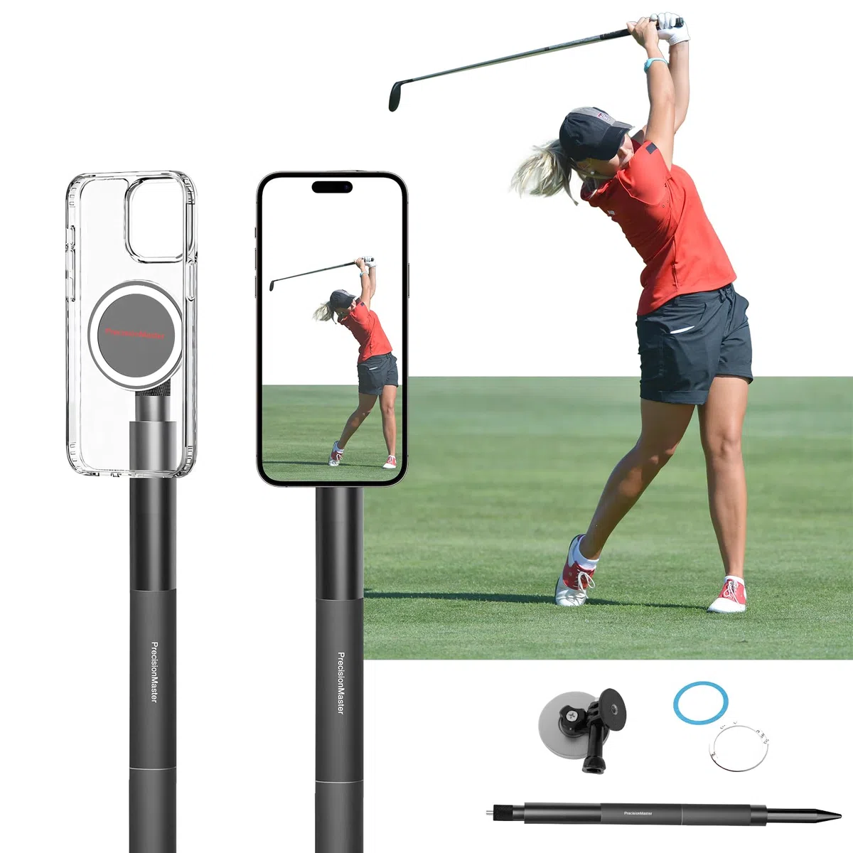 PräzisionsMeister Golf Einbeinstativ Selfie Stick, Golfschwung aufnehmen mit magnetischer Handyhalterung, Verstellbares Stativ mit Erdspieß, Kompatibel mit GoPro Insta