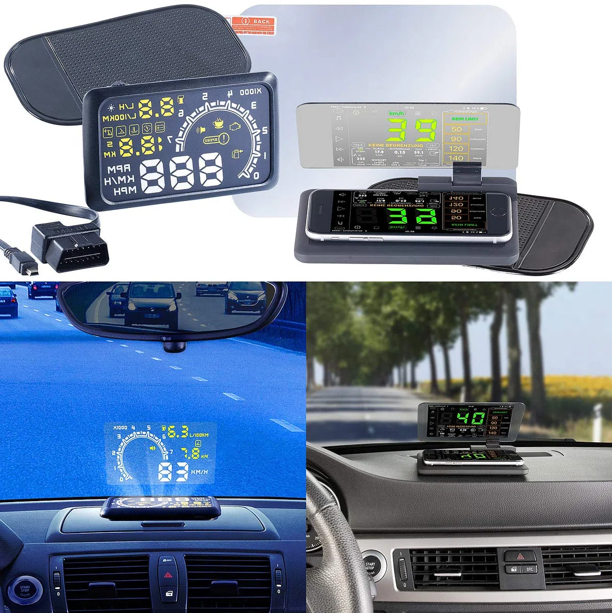 Lescars OBD2-Monitor: Head-up-Display HUD-55C für OBD2-Anschluss mit Armaturenbrett-Ablage (OBD2-Displays, Head-Up-Displays OBD2, nachrüsten)
