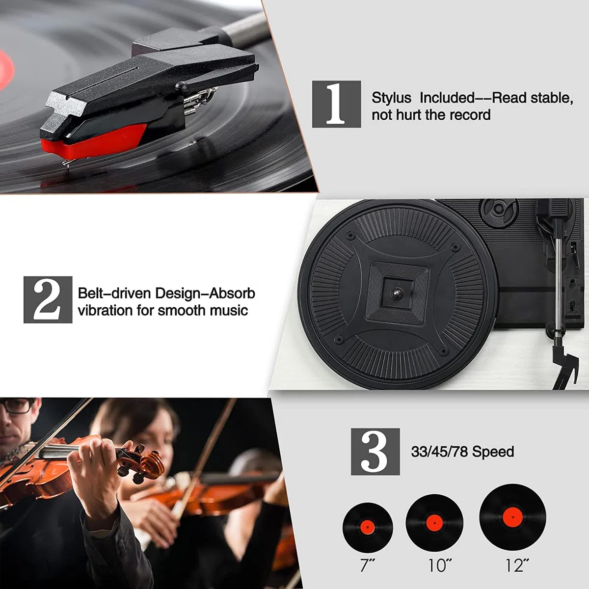 Udreamer Schallplattenspieler, Plattenspieler mit integrierten Lautsprechern und Bluetooth Riemenantrieb, Vintage-Phonograph mit 3 Geschwindigkeiten für Musikgenuss und Heimdekoration Weiß