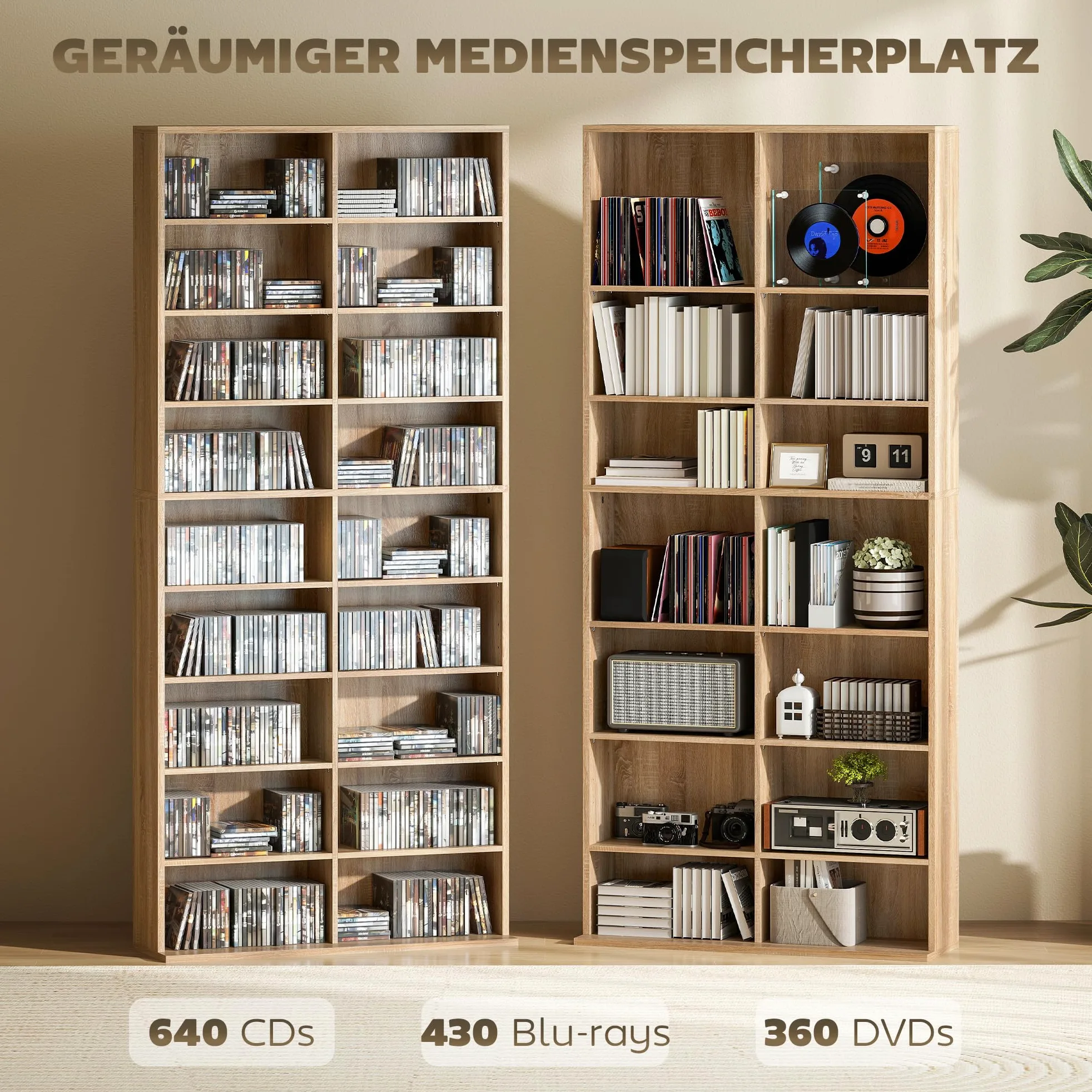 HOMCOM CD DVD Blueray Regal CD-Ständer für bis zu 640 CDs oder 360 DVDs oder 430 Blurays Aufbewahrung mit verstellbaren Regal Bücherregal Medienregal fürs Wohnzimmer 78,5 x 24 x 175 cm, Naturholz